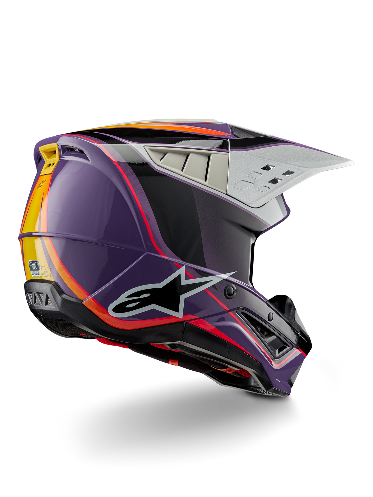 Alpinestars S-M5 Sail Helmet ECE, Motocross Helmet, Violet Black Silver Glossy, featuring orange and yellow stripe accents, large black star logo, aerodynamic profile with rear ventilation ports, glossy finish for off-road racing