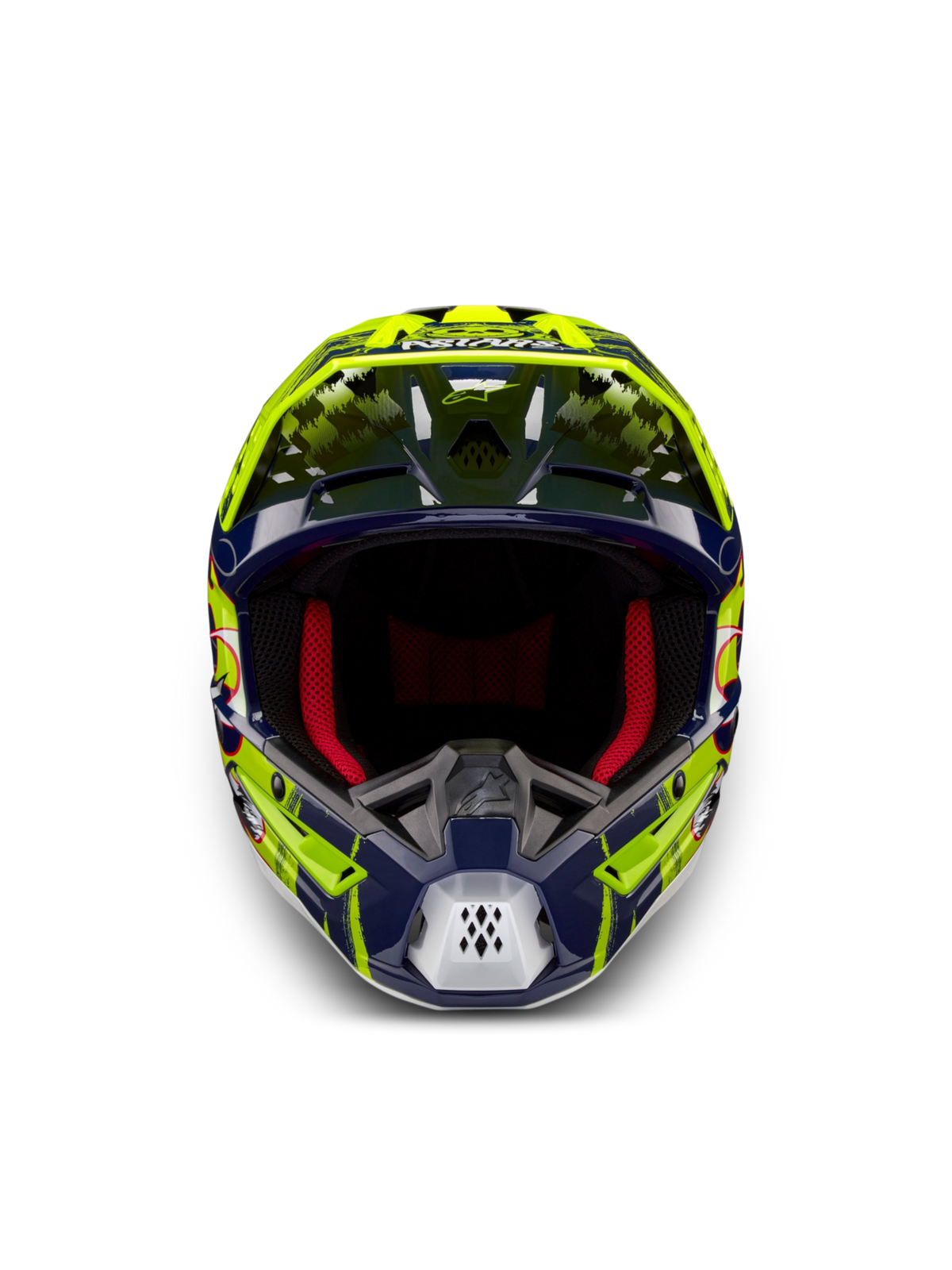 Alpinestars S-M5 Rash Helm, Motocrosshelm in Nachtmarine und Gelb Fluo, ECE 22.06, Frontansicht mit roter Polsterung.