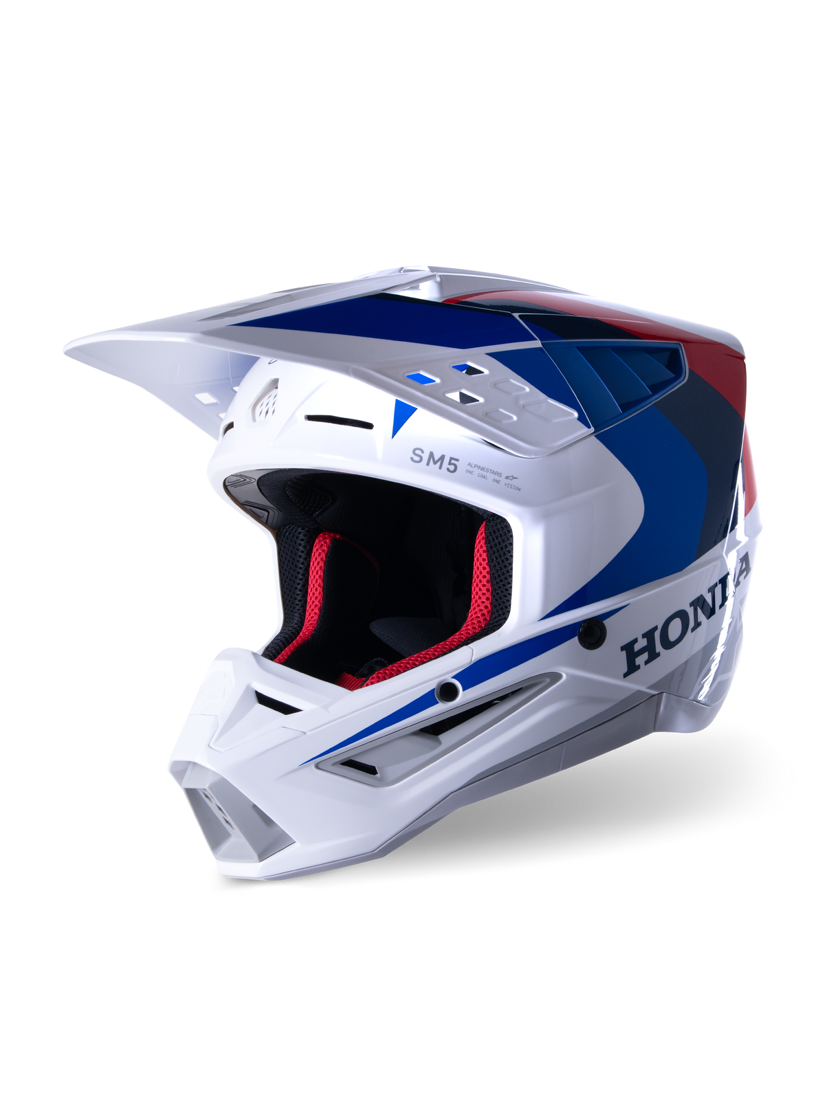 Alpinestars Honda S-M5 Helm ECE, Motocross-Helm, Weiß, Blau und Rot glänzend, mit markantem Honda-Branding an der Seite, roter Mesh-Innenpolsterung, aerodynamisches Visier mit integrierten Belüftungsöffnungen, elegantes Grafikdesign für den Offroad-Rennsport