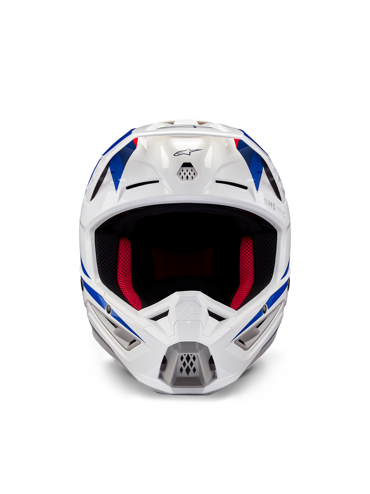 Alpinestars Honda S-M5 Helm ECE, Motocross-Helm, Weiß, Blau und Rot glänzend, Frontansicht mit Belüftungsöffnungen und roter Innenpolsterung, aerodynamisches Design für Schutz im Offroad-Rennsport