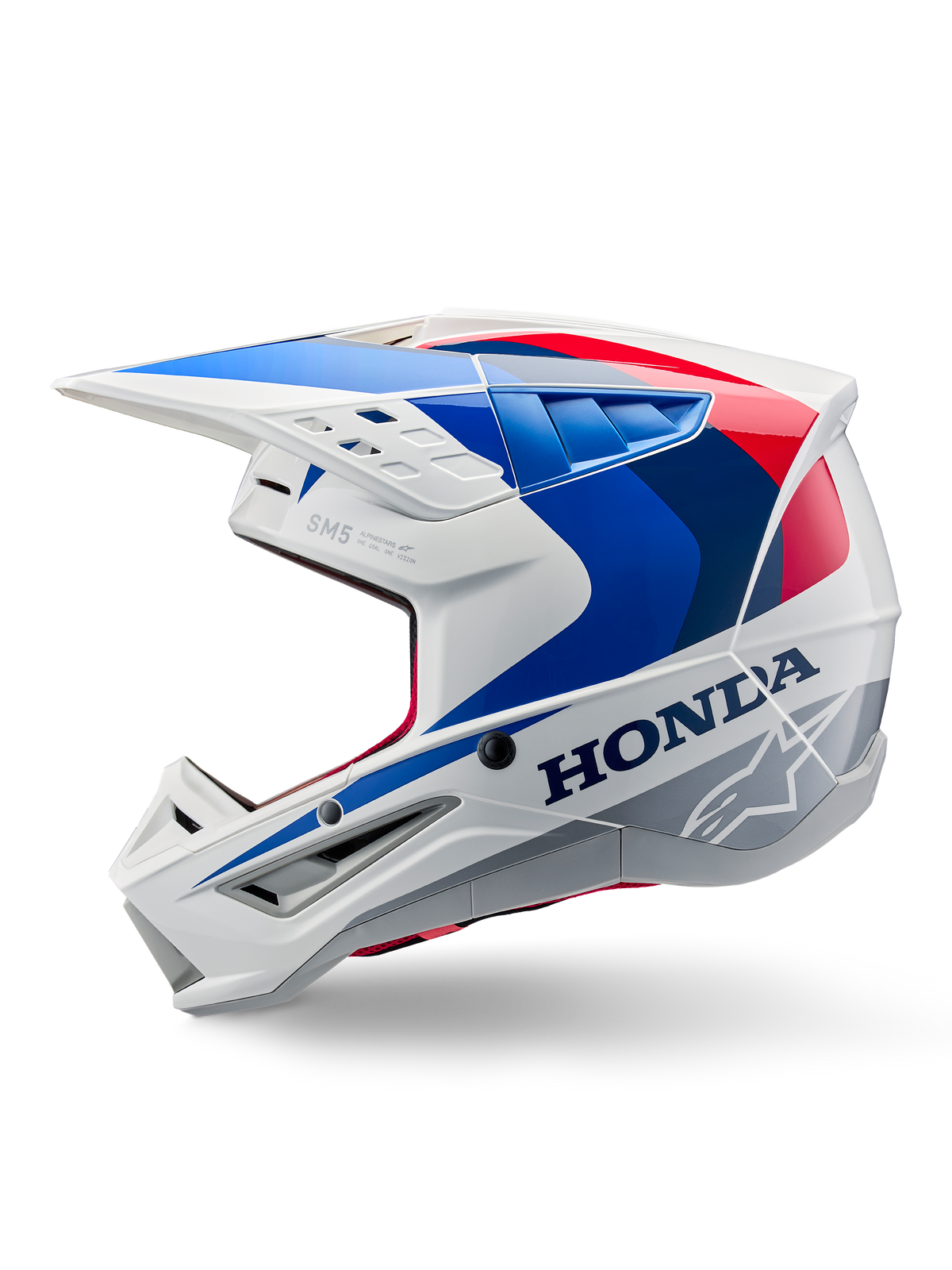 Alpinestars Honda S-M5 Helm ECE, Weiß Blau Rot Glänzend, Seitenprofil-Ansicht, mit auffälligem Honda-Branding und Alpinestars Stern-Logo, aerodynamisches Motocross-Design mit mehreren Belüftungsöffnungen und einem markanten Helmschild, glänzendes Finish