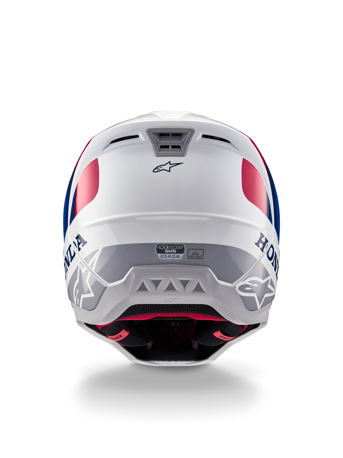 Alpinestars Honda S-M5 Helm ECE, Motocross-Helm, Weiß, Blau und Rot glänzend, Rückansicht mit Honda- und Alpinestars-Branding, schlanke Schale mit integrierten Belüftungsauslassöffnungen und ECE-Zertifizierungslabel.