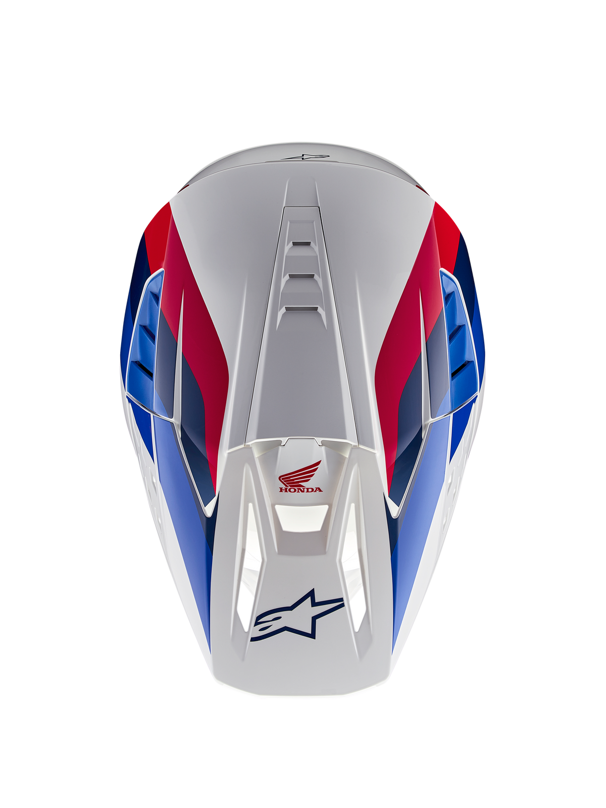 Alpinestars Honda S-M5 Helm ECE, Motocross-Helm, Weiß-Blau-Rot Glänzend, Draufsicht mit Fokus auf Belüftungskanäle, rot-blaue Grafiken mit Honda- und Alpinestars-Logos