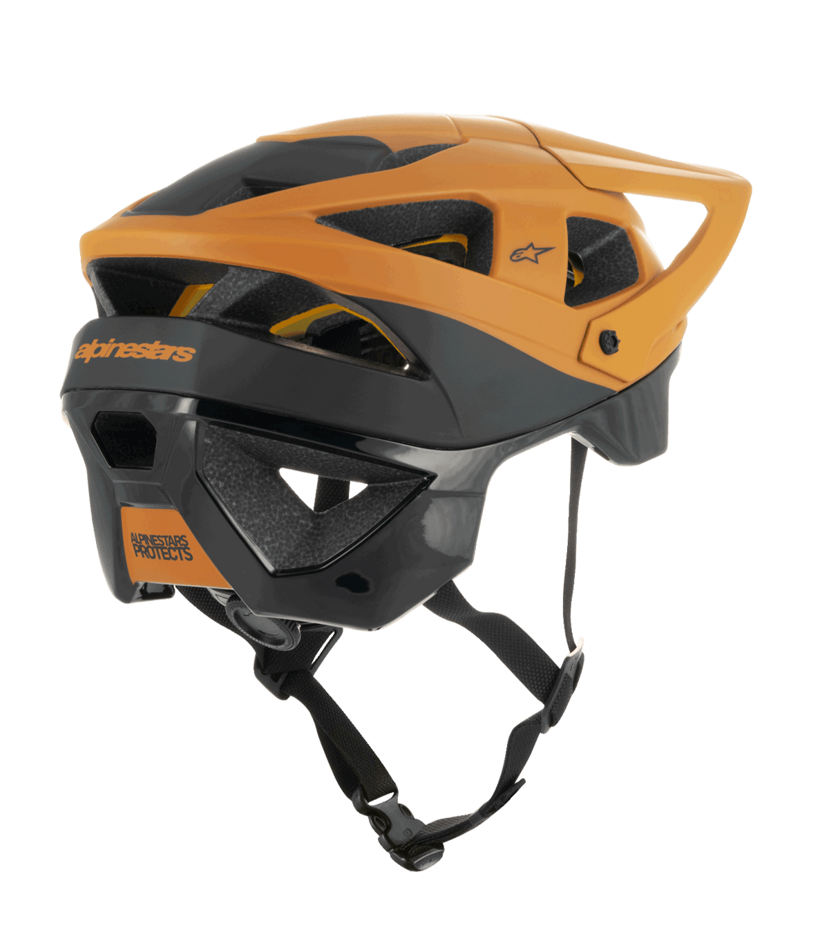 Alpinestars Vector Tech Zeal Helm, MTB-Helm, Schwarz und Dunkelgold, Rück- und Seitenansicht mit mehreren Belüftungsöffnungen, verstellbarem Visier und sicherem schwarzem Kinnriemen, Mountainbike-Schutzausrüstung mit Alpinestars-Branding