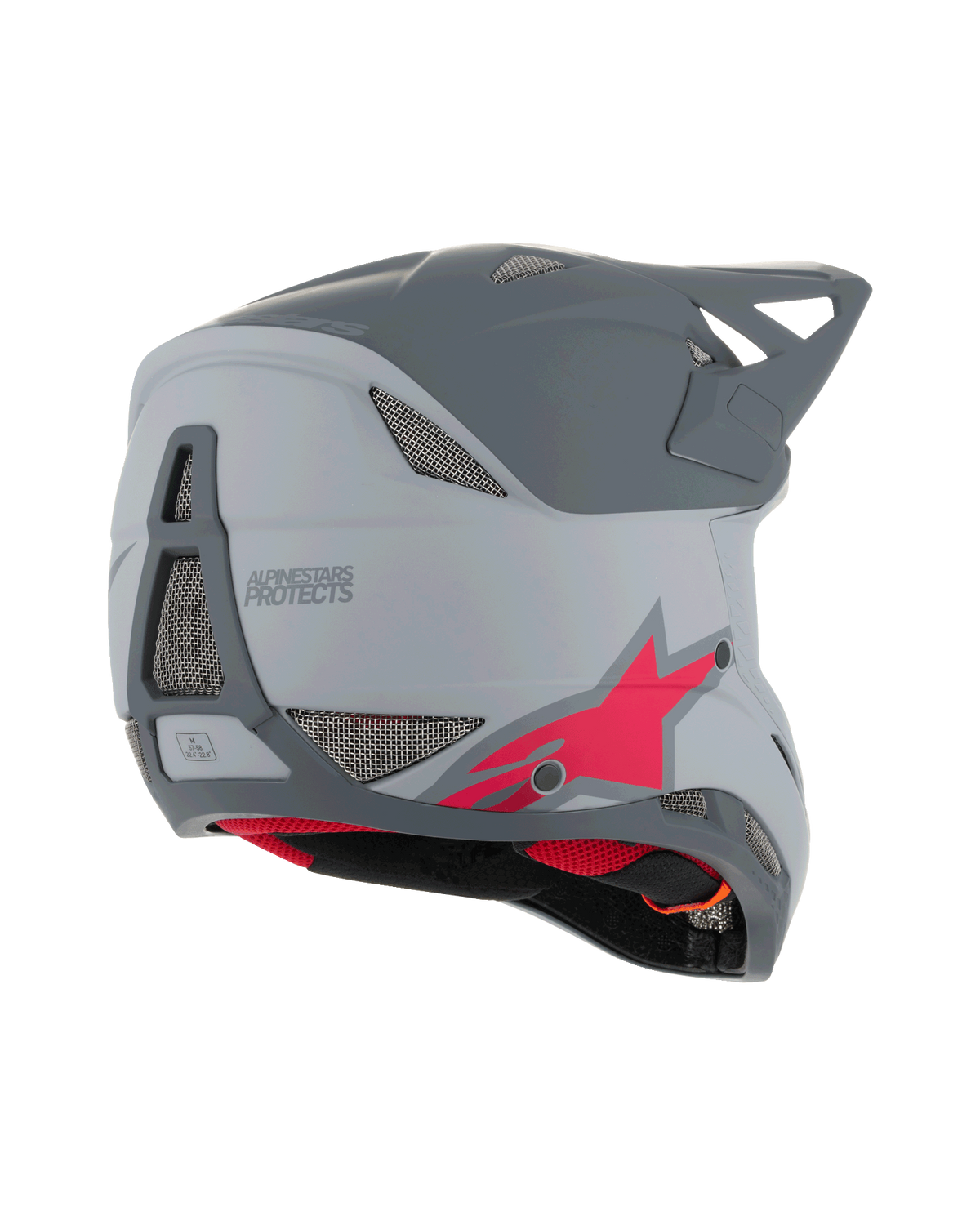 Alpinestars Missile Tech Racer Helm, Full-Face-MTB-Helm, Hellgrau und Dunkelgrau matt mit rotem Stern-Logo, Rückansicht von der Seite mit Belüftungsgittern und stromlinienförmigem Profil, Downhill-Radsportschutz