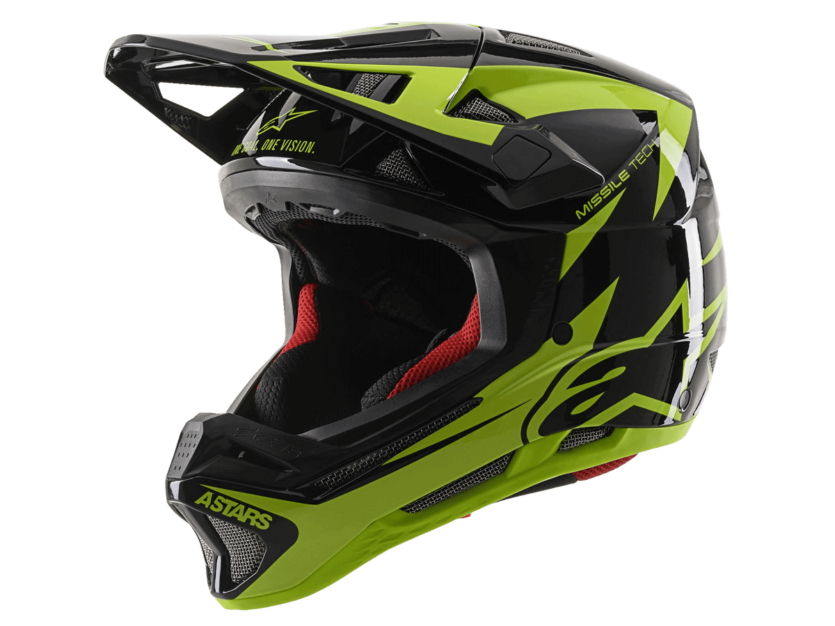 Alpinestars Missile Tech-Air Full Face Helmet, MTB Downhill Helmet, Black and Yellow Fluo Glossy, featuring 22 vents, 'ASTARS' and 'MISSILE TECH' branding, red interior padding, glossy aerodynamic design