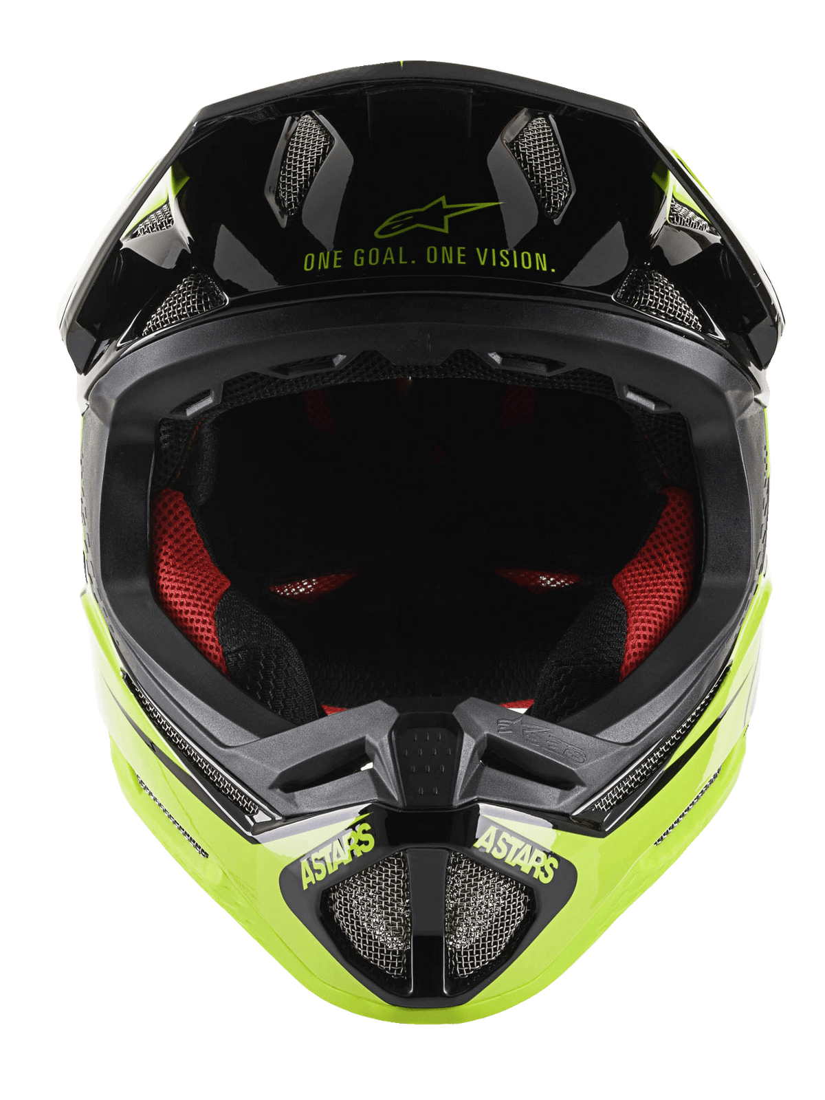 Alpinestars Missile Tech-Air® Full Face Helmet, MTB Full Face Helmet, Black and Yellow Fluo Glossy, front view showing 'One Goal. One Vision.' text on the visor, red interior padding, mesh air vents, and ASTARS branding on the chin bar