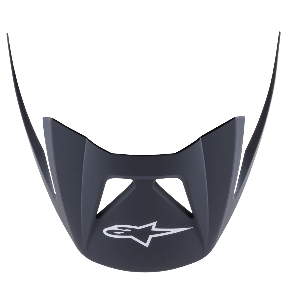Alpinestars Visor Vector Pro A2, MTB-Helm-Ersatzvisier, Ebony Matt Schwarz, mit weißem Astars-Logo auf der Vorderseite, kantige aerodynamische Form mit Belüftungsausschnitten, mattes Kunststoff-Finish