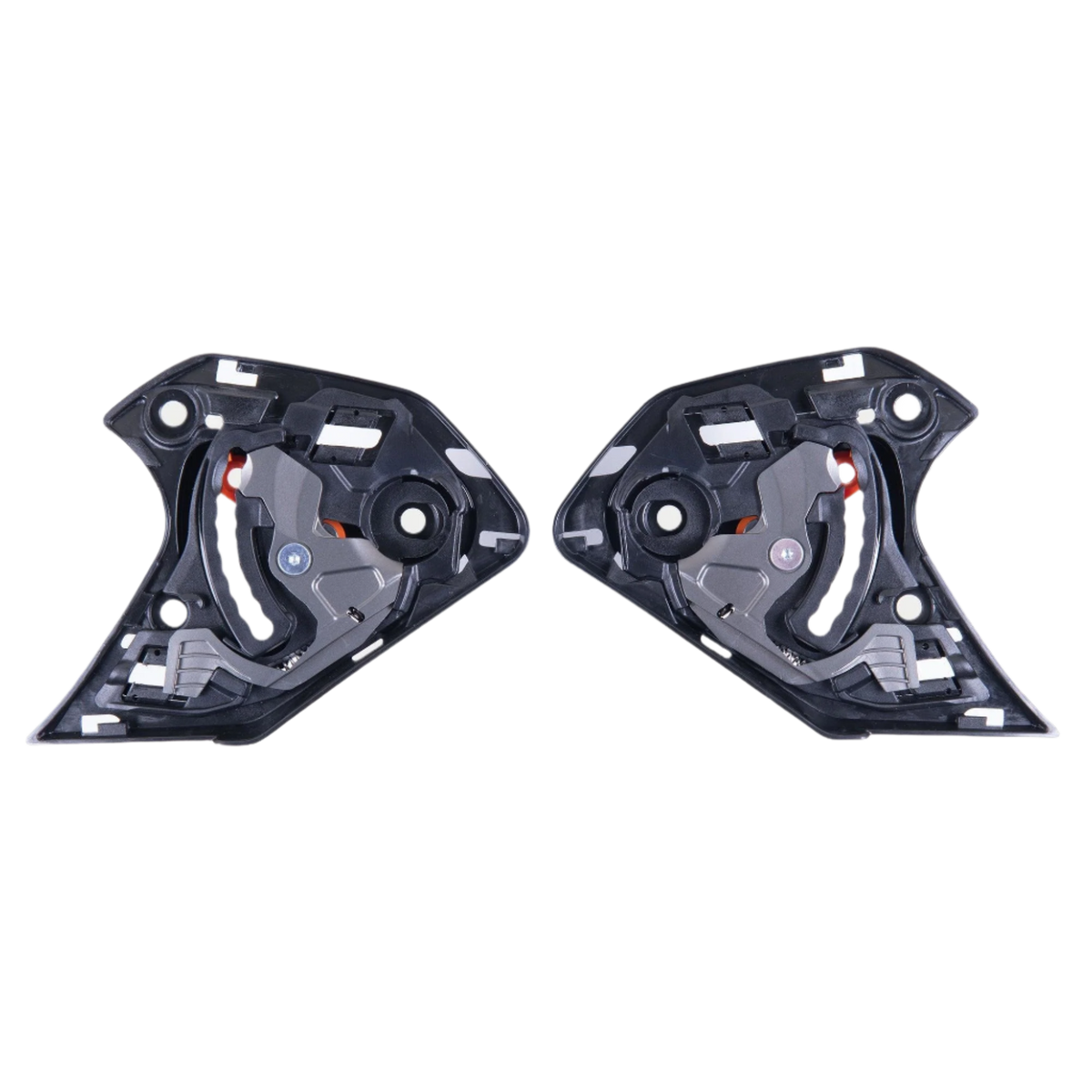 Alpinestars Supertech R10 Visiermechanismus, Paar schwarze Ersatz-Visiermechanismen, linke und rechte Komponenten mit mechanischen Drehpunkten und Befestigungspunkten für S-R10 Motorradhelme