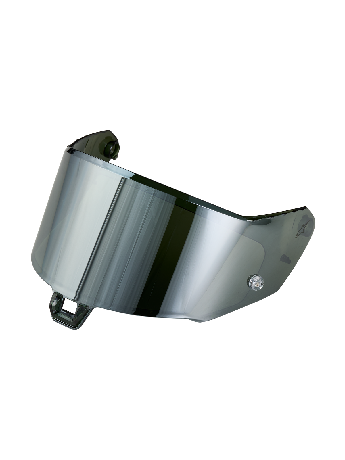Alpinestars Supertech R-10/R-7 Gen 2.1-R Absolute Vision Visier, Motorradhelm-Visier in Spiegel-Silber, schlagfeste Polycarbonat-Konstruktion, Studio-Produktaufnahme vor schwarzem Hintergrund