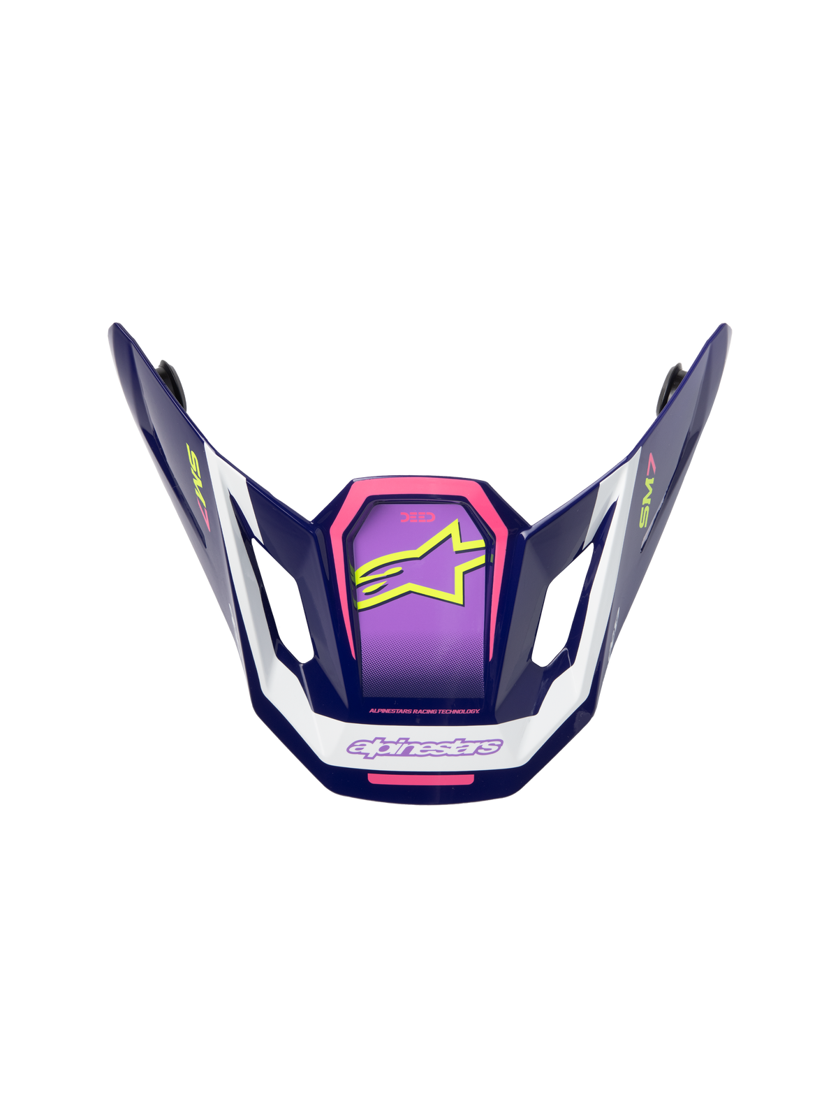 Alpinestars S-M7 Deed Visor, Motocross Helmet Accessory, Purple Pink and White, glossy finish featuring neon yellow star logo and SM7 branding, angular aerodynamic design for off-road racing