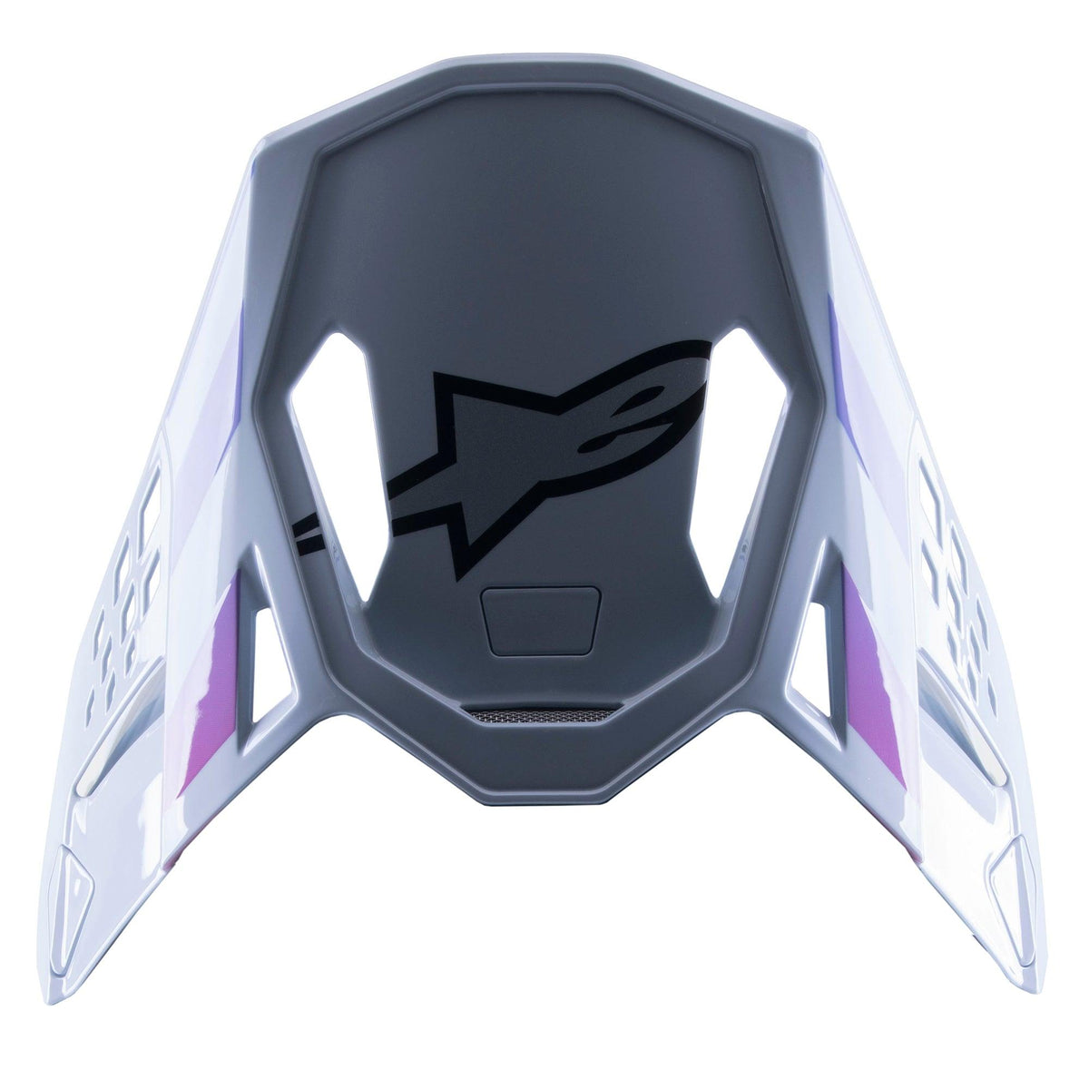 Alpinestars Supertech M10 Daytona 23 LE Visor, Replacement Motocross Peak, Haze Gray with purple and white accents, featuring a black logo on the underside, lightweight vented design for MX racing