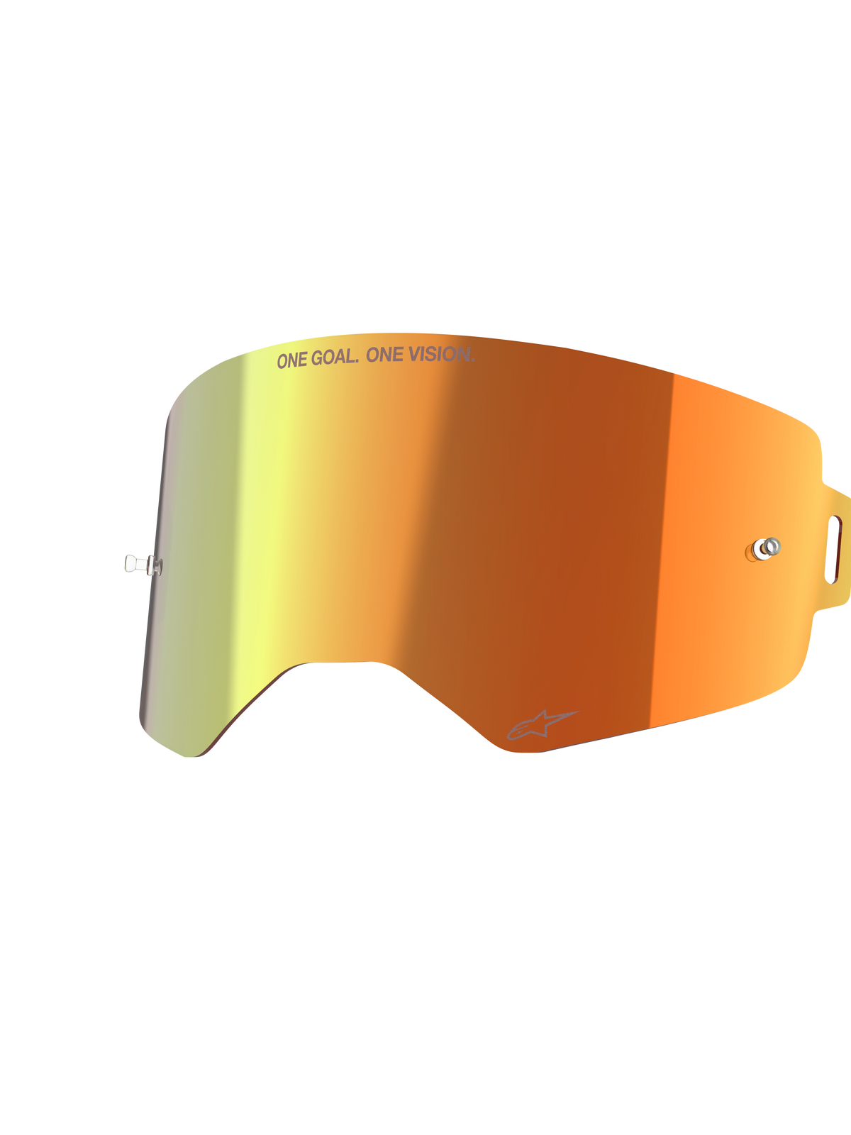 Alpinestars Supertech Spiegellinse, Ersatzlinse für Motocross-Brillen, Spiegelrot mit orange-gelbem Farbverlauf, mit „ONE GOAL. ONE VISION.“ Schriftzug und Alpinestars-Logo, verspiegeltes Finish mit Tear-off-Pins für den Motocross-Rennsport