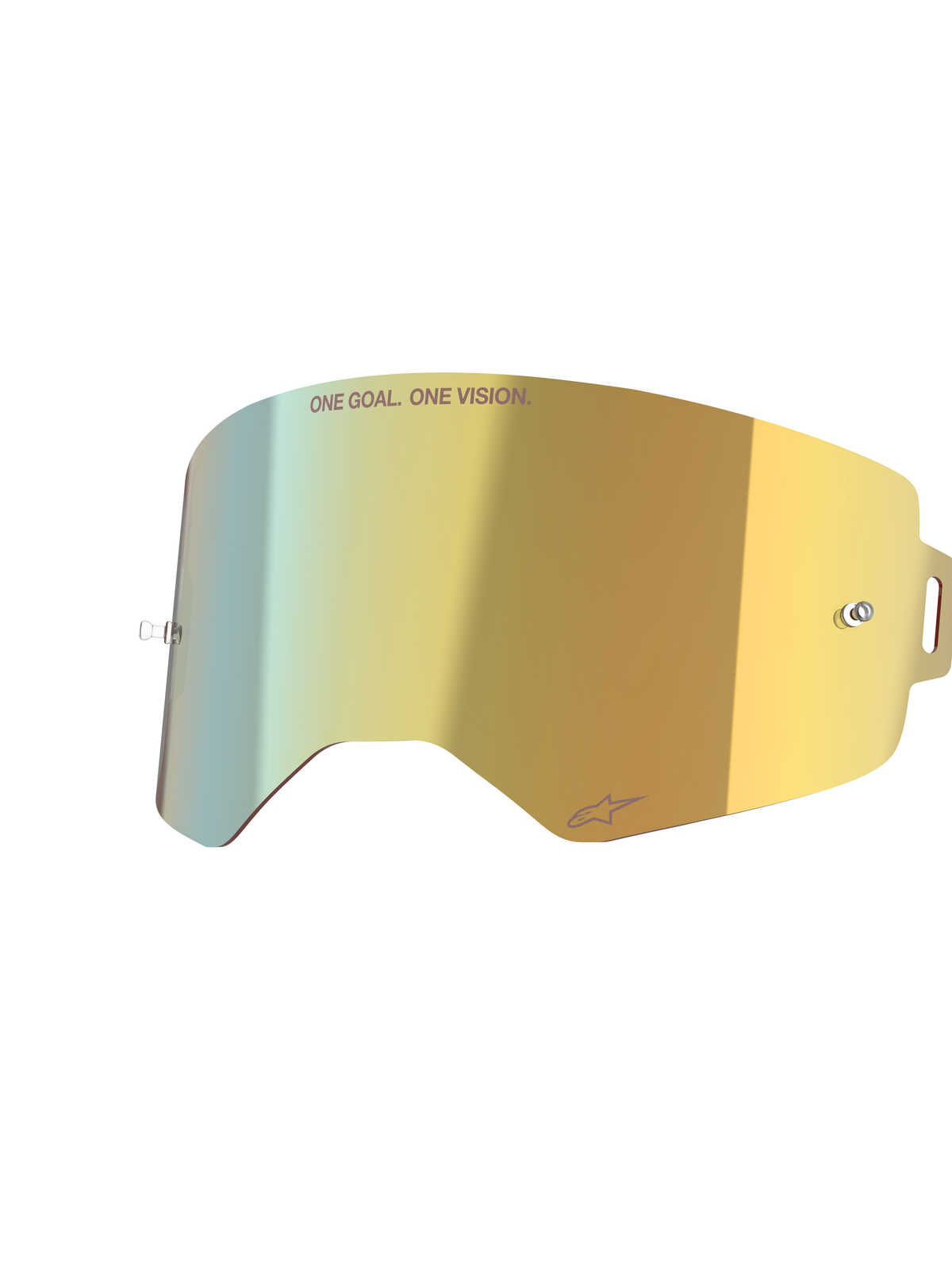 Alpinestars Supertech Spiegelscheibe, Mirror Gold, reflektierende Ersatz-Brillenscheibe mit integrierten Tear-Off-Posts und „ONE GOAL. ONE VISION.“-Schriftzug, hochklares Motocross-Zubehör.
