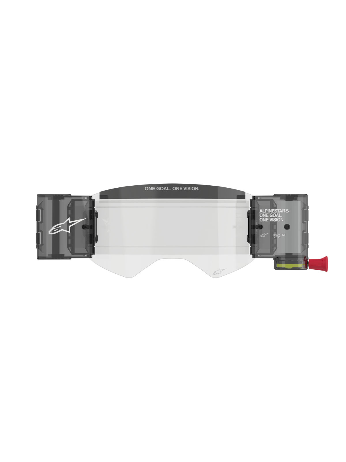 Alpinestars Supertech Roll Off Kit Wide Vision, Motocross Goggle Accessory, Transparent Injection-Molded Lens with integrated smoke-colored roll-off canisters, featuring 'ONE GOAL. ONE VISION.' text on the mud visor and a red pull-knob.