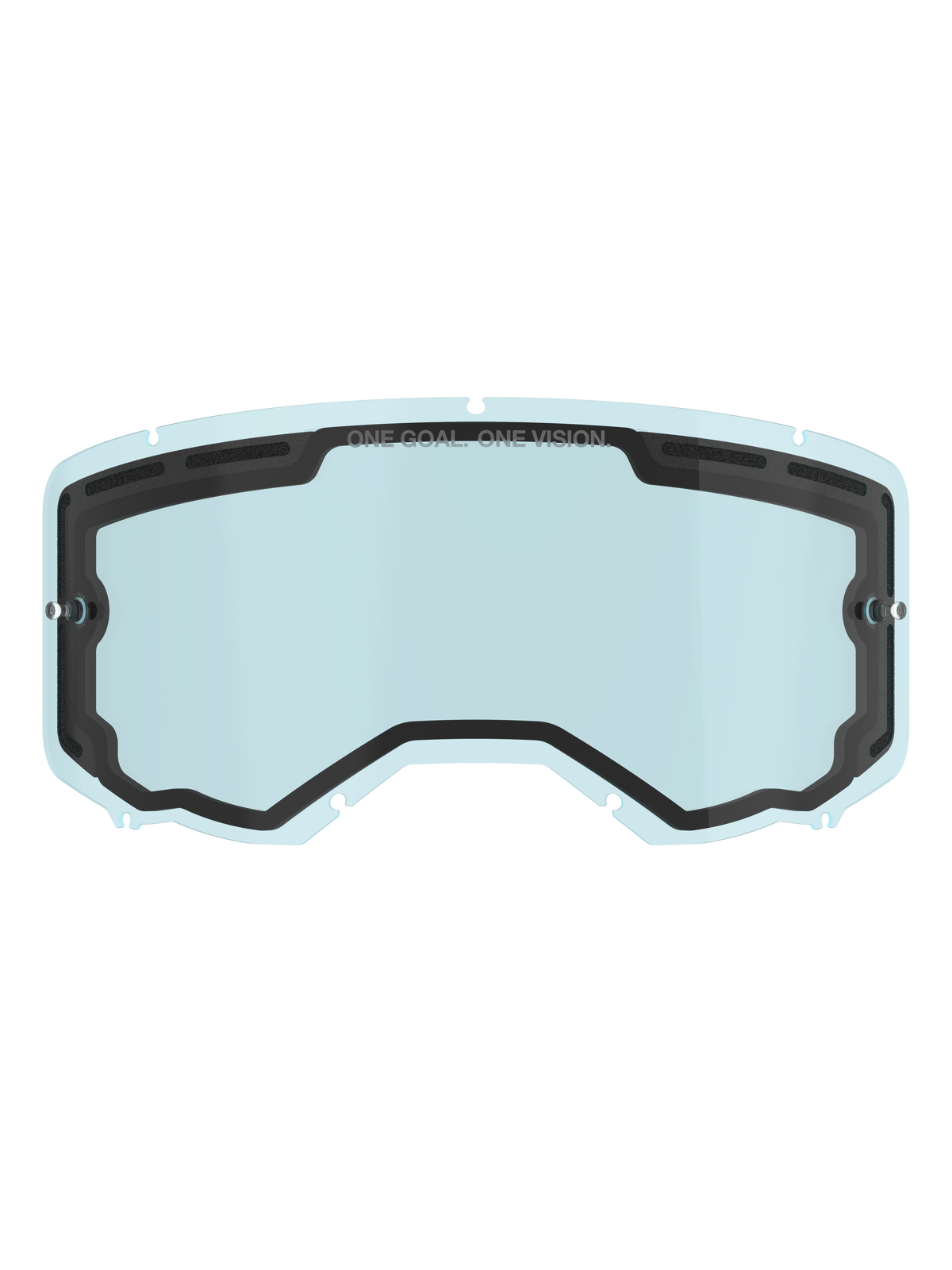 Alpinestars Vision 8-5-3 Doppelscheibe, hellblau getöntes Ersatz-Brillenglas, schwarze Innendichtung mit „ONE GOAL. ONE VISION.“ Branding, seitliche Abreißstifte, gebogenes Design mit Belüftung oben für Motocross und Offroad-Fahrten