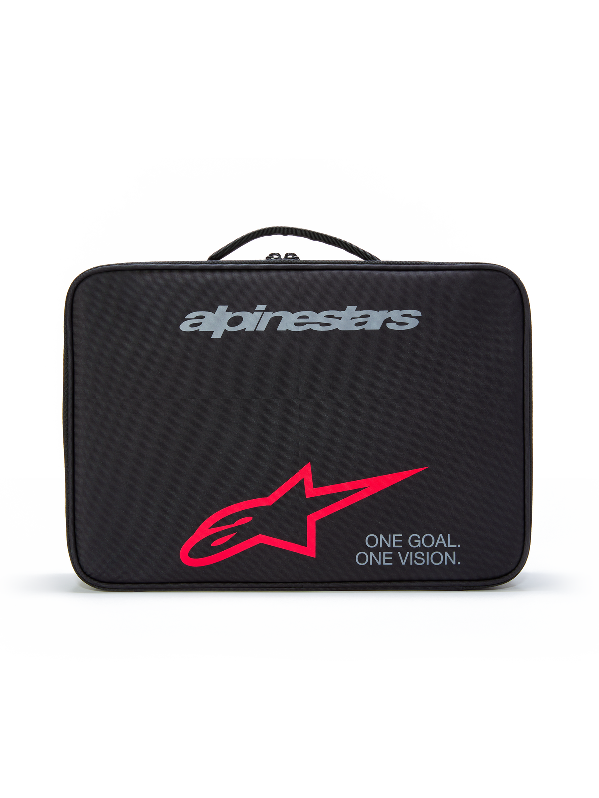 Alpinestars Supertech Vision Goggles Case, schwarze Schutztasche mit Tragegriff oben, graues Markenlogo, großes rotes Stern-Logo, Slogan „ONE GOAL. ONE VISION.“, strapazierfähige Aufbewahrung für Motocross-Brillen