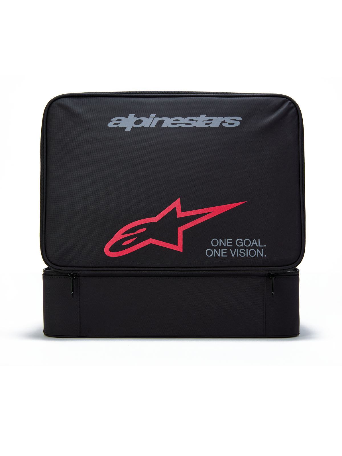 Alpinestars Supertech Vision Goggle-Tasche, schwarze rechteckige Aufbewahrungstasche für Motocross-Brillen, mit grauem Alpinestars-Logo, rotem A-Star-Symbol und „ONE GOAL. ONE VISION.“ Text, strapazierfähige Polyesterkonstruktion mit Reißverschlusstasche vorne