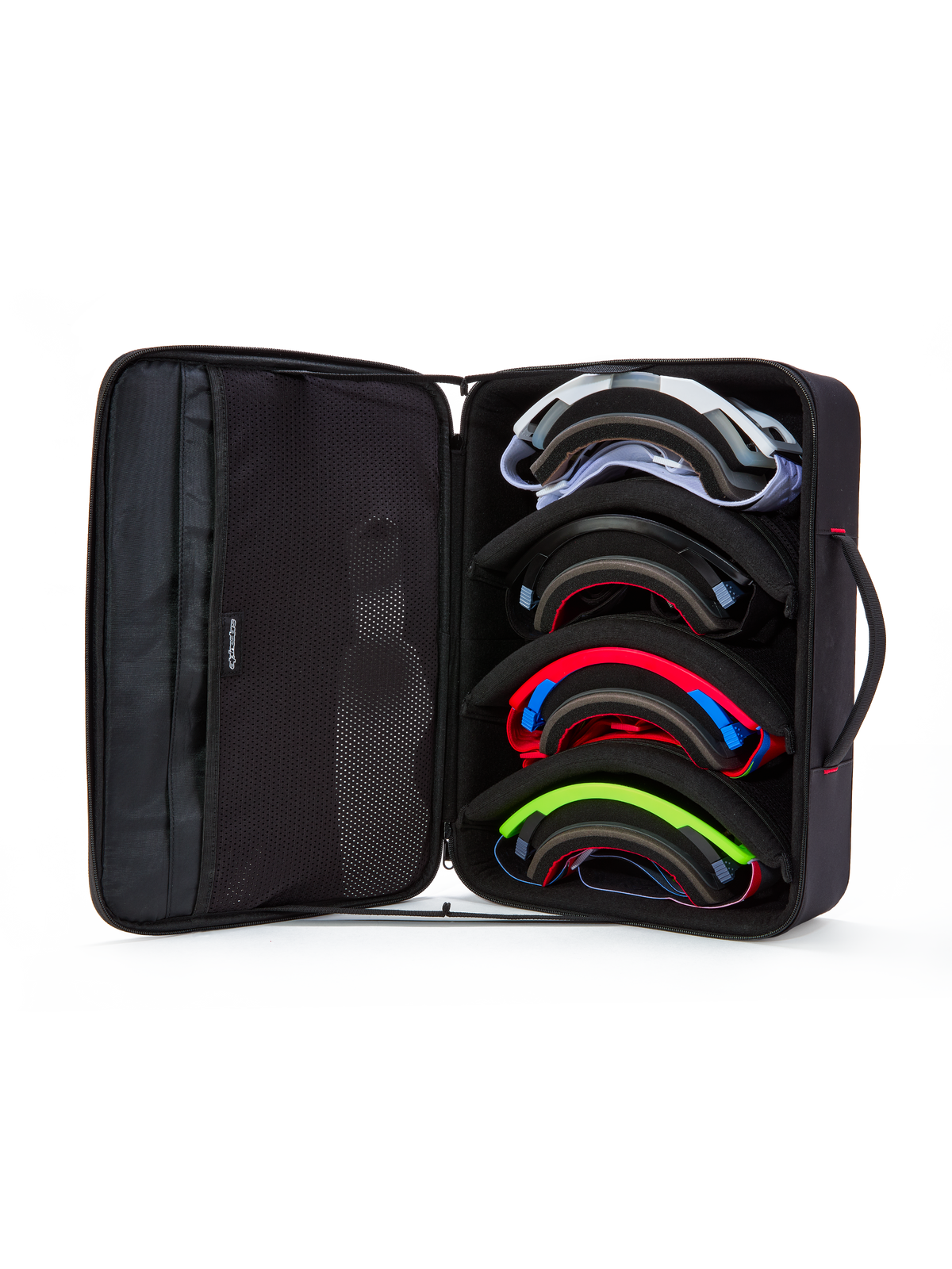 Alpinestars Supertech Vision Goggles Case, Schwarz, geöffnete Ansicht mit Stauraum für vier Paar bunte Motocross-Brillen, mit modularen Trennwänden und Netztaschen im Deckel, strukturiertes Aktentaschen-Design zum Schutz der Brillen