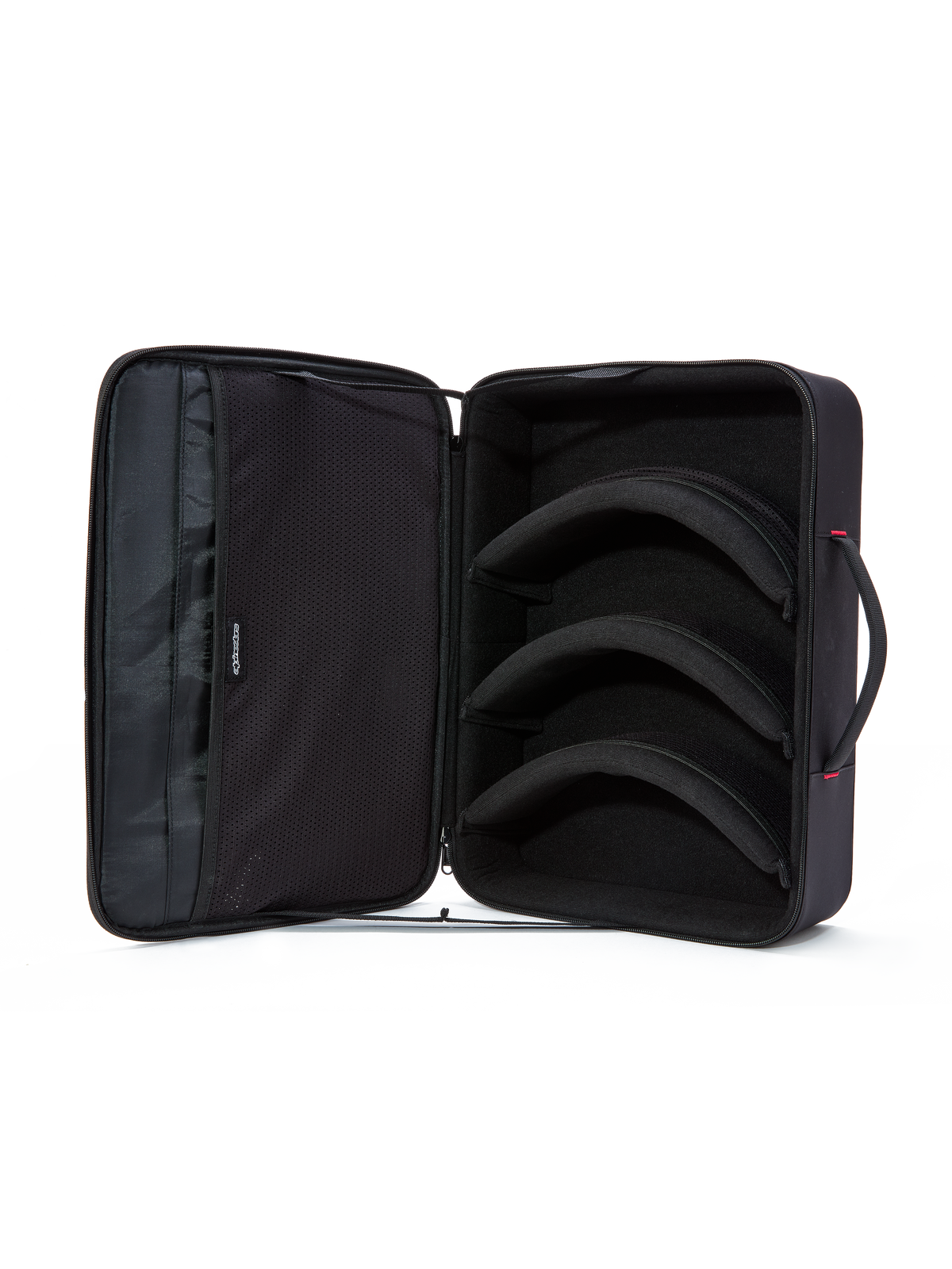 Alpinestars Supertech Vision Goggles Case, Schwarz, geöffnete Innenansicht, drei modulare vorgeformte Trennwände zur Aufbewahrung von Brillen und Gläsern, weiche Netztaschen im Deckel für Zubehör, horizontales Design im Aktentaschen-Stil mit gepolstertem Griff, schützender Motocross-Ausrüstungs-Organizer