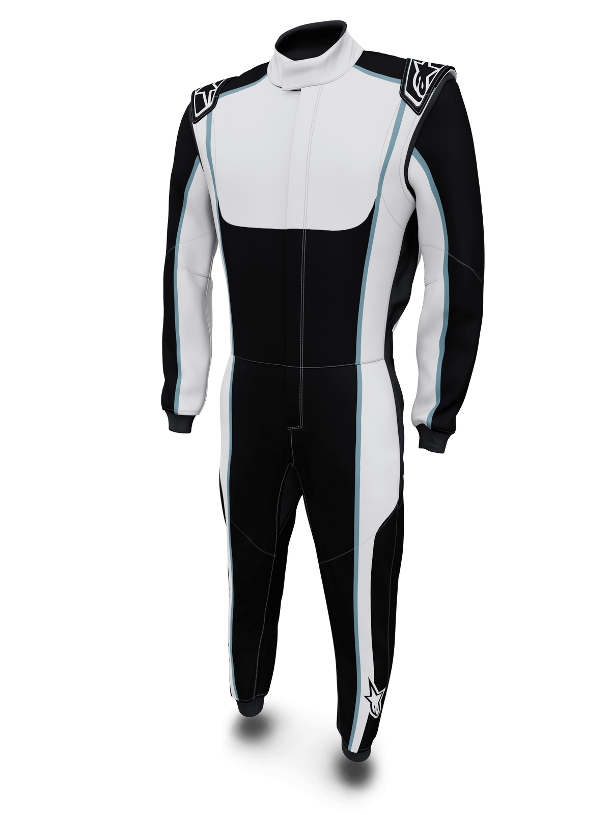 Alpinestars Tech Vision V3 Custom Auto Racing Suit, black and white with blue accents, FIA certified Nomex.