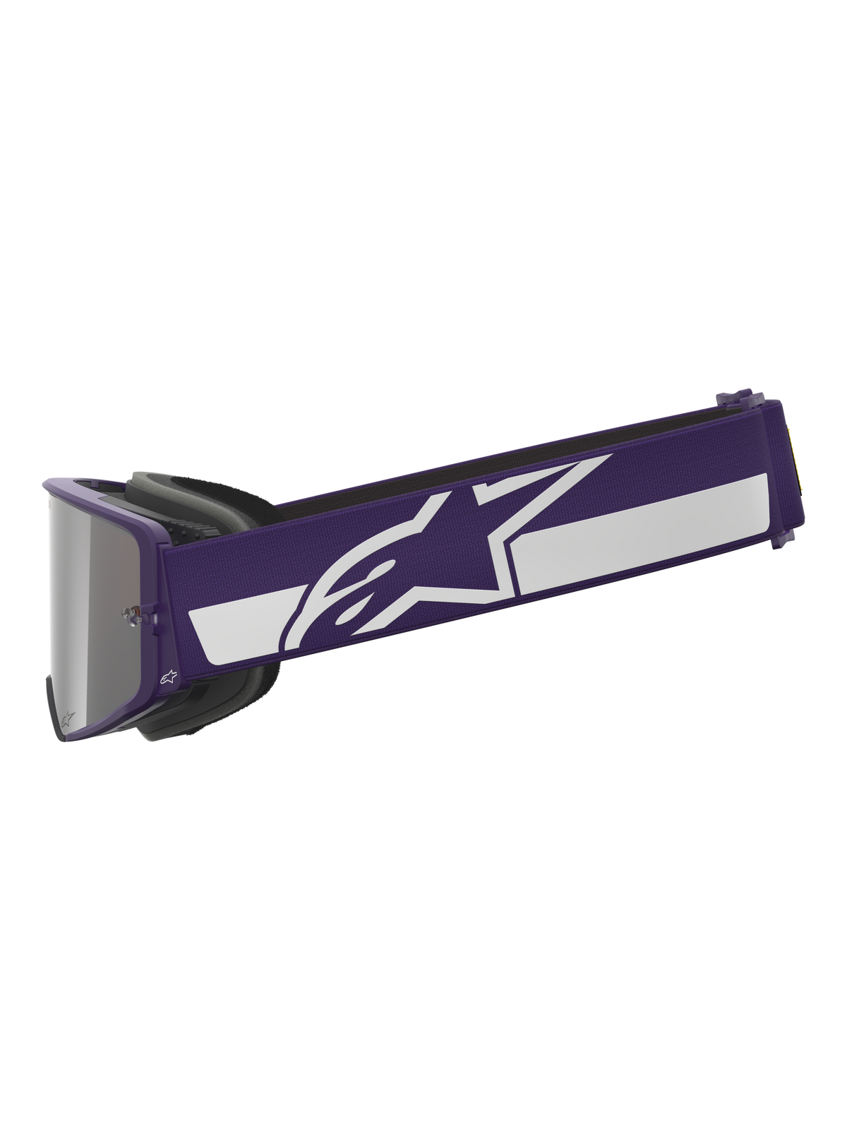 Alpinestars Limited Edition HUNTA96 XXV Supertech Vision Goggles, Motocross Goggles, Purple and White, side profile showing wide purple strap with white Alpinestars star logo and stripe, silver mirror lens, high-performance off-road eyewear