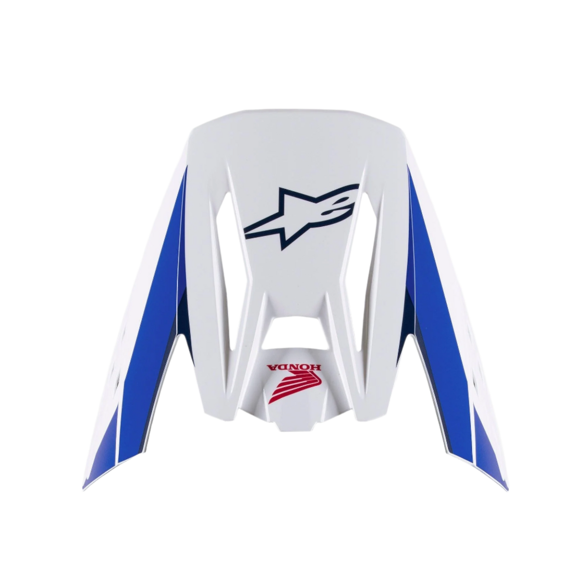 Alpinestars Honda S-M5 Visier, Helm-Ersatzvisier, glänzendes Finish in Weiß, Blau und Rot, mit blauen Seitenpaneelen sowie marineblauen Alpinestars- und roten Honda-Logos, Motocross-Helmzubehör