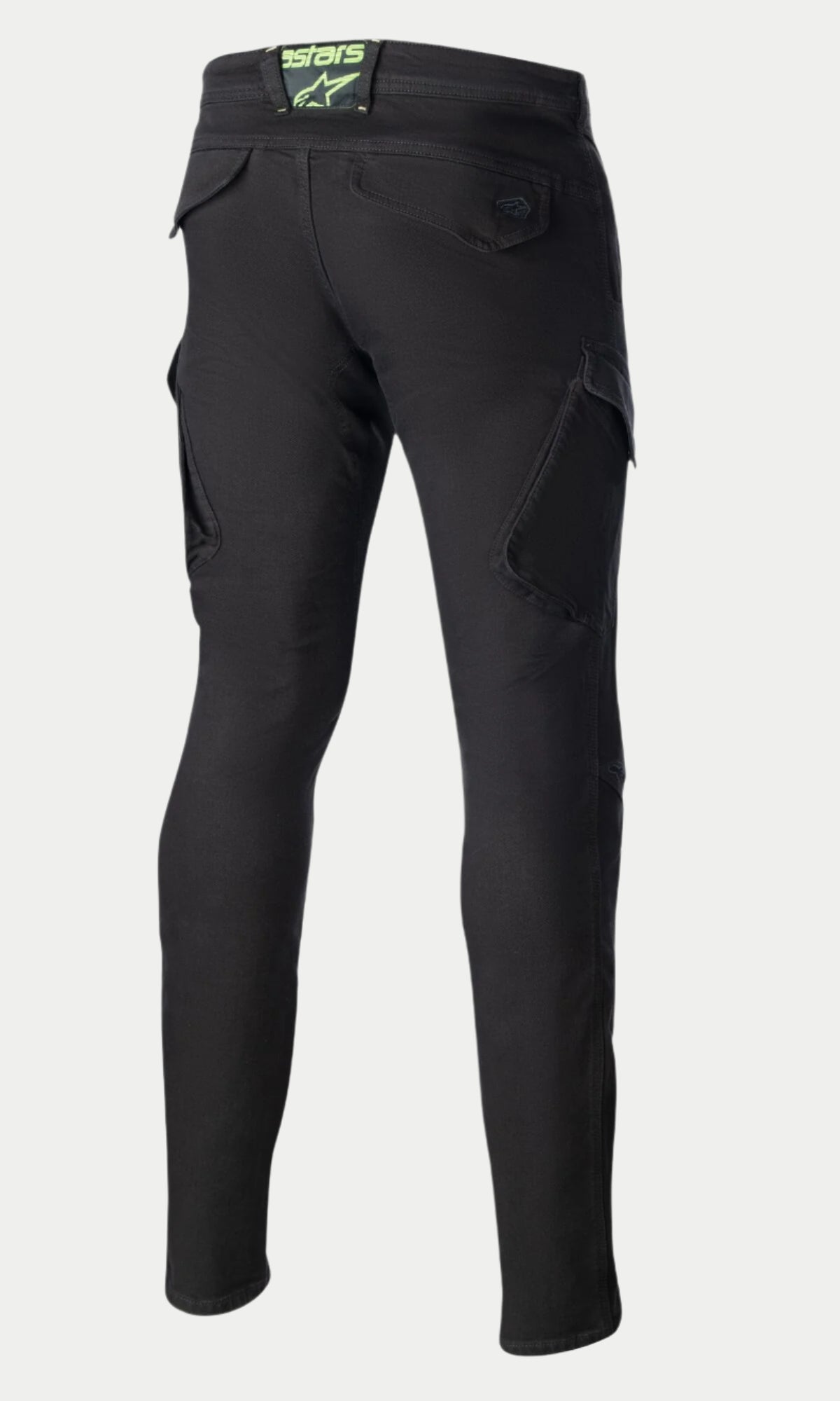 Alpinestars Caliber Slim Fit Tech Riding Pants, Schwarz, Rückansicht zur Hervorhebung der schmal zulaufenden Passform, Cargo-Taschen im Kampfstil und Gesäßtaschen mit Klappe sowie einem limettengrünen Logo-Patch am Bund.