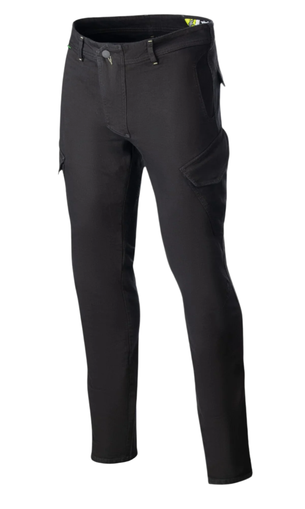 Alpinestars Caliber Slim Fit Tech Riding Pants, Motorradhose, Schwarz, angewinkelte Cargo-Taschen im Kampfstil, schmale zulaufende Passform, Gürtelschlaufen, Knopfverschluss, aus Stretch-Cordura-Denim für einen technischen Urban-Look