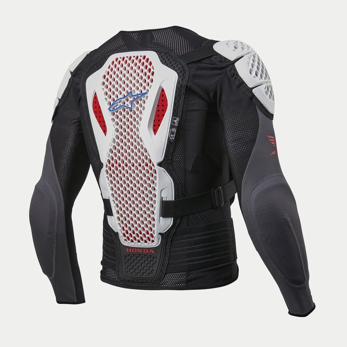 Honda Bionic Plus V2 Protection Jacket, Black White Blue and Bright Red, rear view showing white CELL Technology back protector with red honeycomb mesh, white perforated shoulder protectors, black breathable mesh chassis, featuring blue Alpinestars logo and red Honda branding