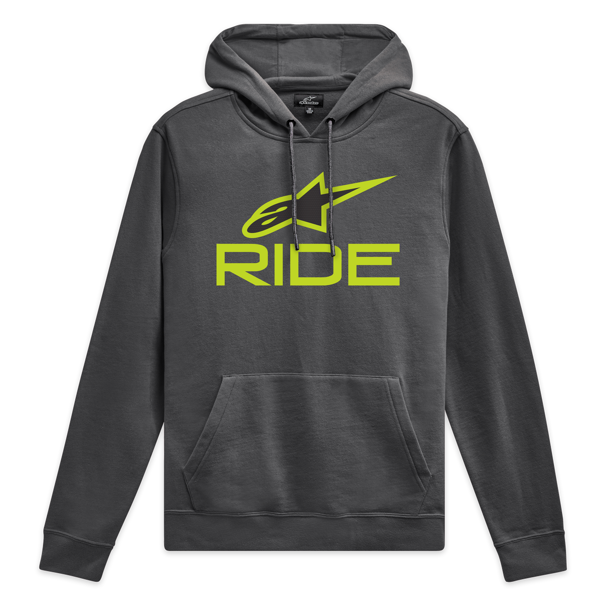 Alpinestars Ride Hoodie V 3, charcoal pullover hoodie with lime green front Ride logo and matching drawcords, sportswear fleece