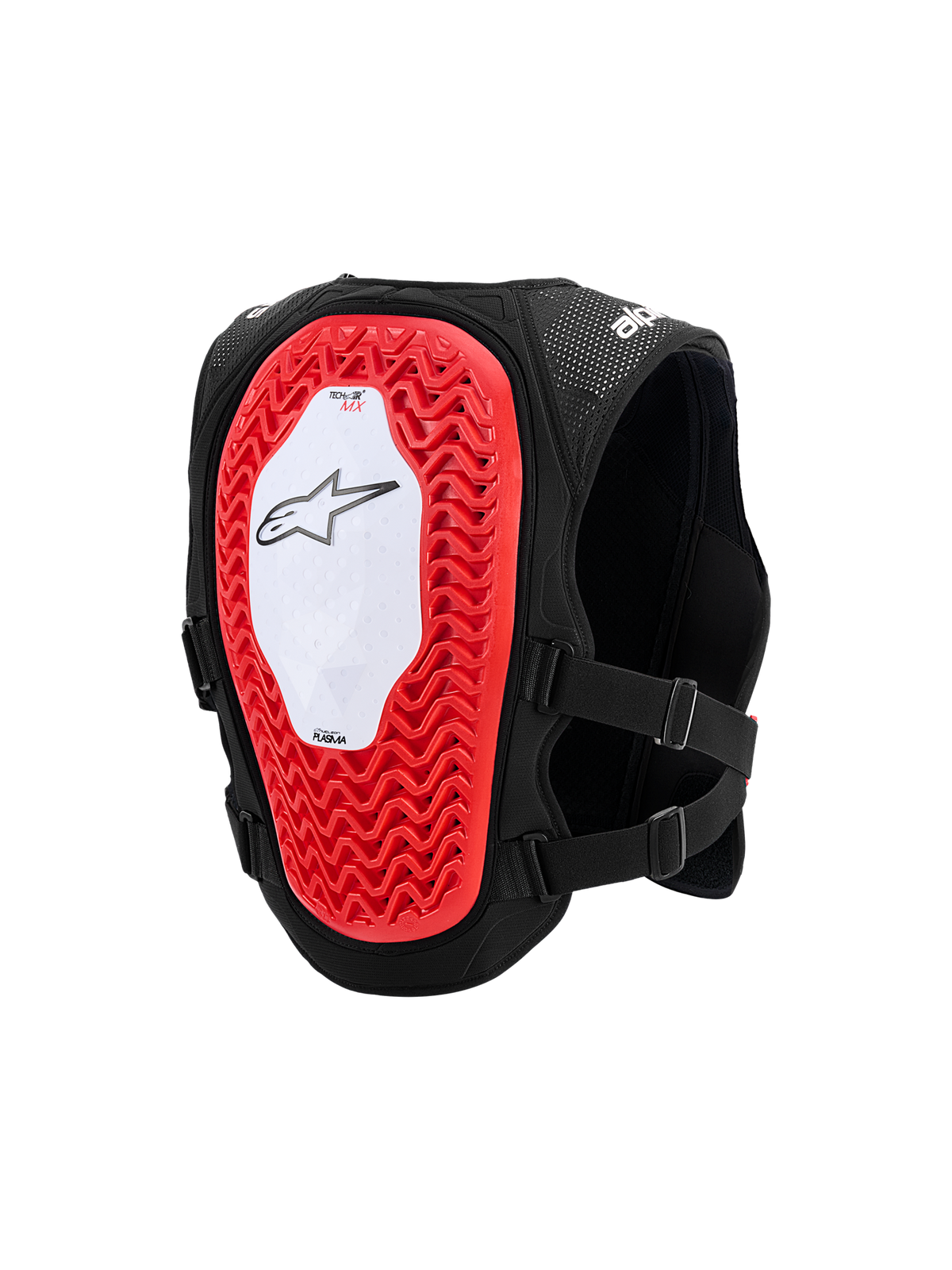 Alpinestars Tech-Air® MX System, autonome Offroad-Airbag-Weste, Rückansicht mit großem roten Nucleon PLASMA Rückenprotektor mit Wabenstruktur, weißes zentrales Panel mit schwarzem Stern-Logo, atmungsaktives schwarzes Mesh-Chassis und verstellbare seitliche Riemen