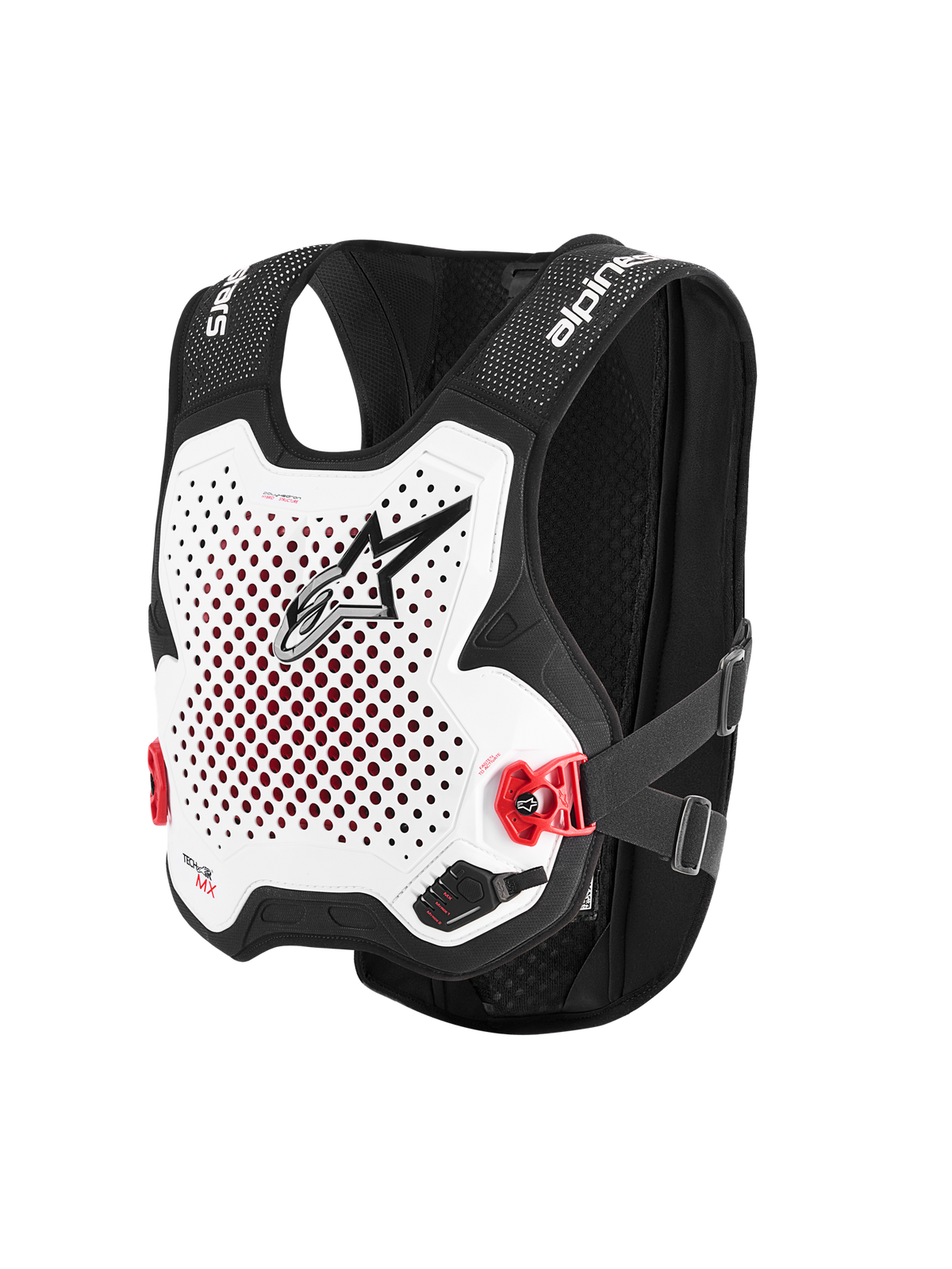 Alpinestars Tech-Air® MX System, autonome Offroad-Airbag-Weste, Weiß und Schwarz, perforierte weiße Brustplatte mit schwarzem Logo, rote seitliche Schnallen, schwarzes Stretch-Mesh-Chassis, fortschrittlicher Schutz für Motocross und Supercross