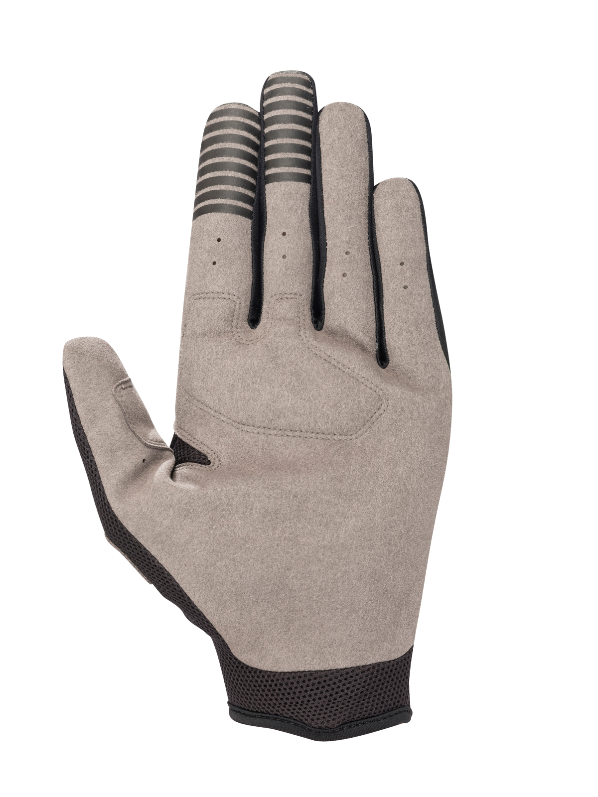 Alpinestars Engine Handschuhe, Handflächenansicht, Schwarz und Grau, synthetische Wildleder-Handfläche mit leitfähigen schwarzen Streifen an Zeige- und Mittelfingerkuppen, schwarzes Mesh an Handgelenk und Daumen, kleine Belüftungsöffnungen an den Fingern.