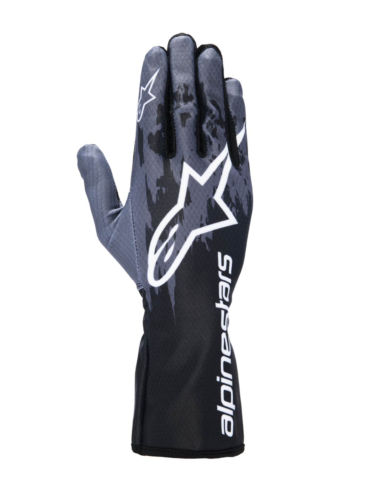 Alpinestars Tech-1 K V3 Handschuhe, Kart-Handschuhe, Schwarz Anthrazit, großes weißes Astar-Logo auf dem Handrücken, dunkelgraues Camouflage-Muster, Stulpe mit vertikalem weißem Alpinestars-Schriftzug