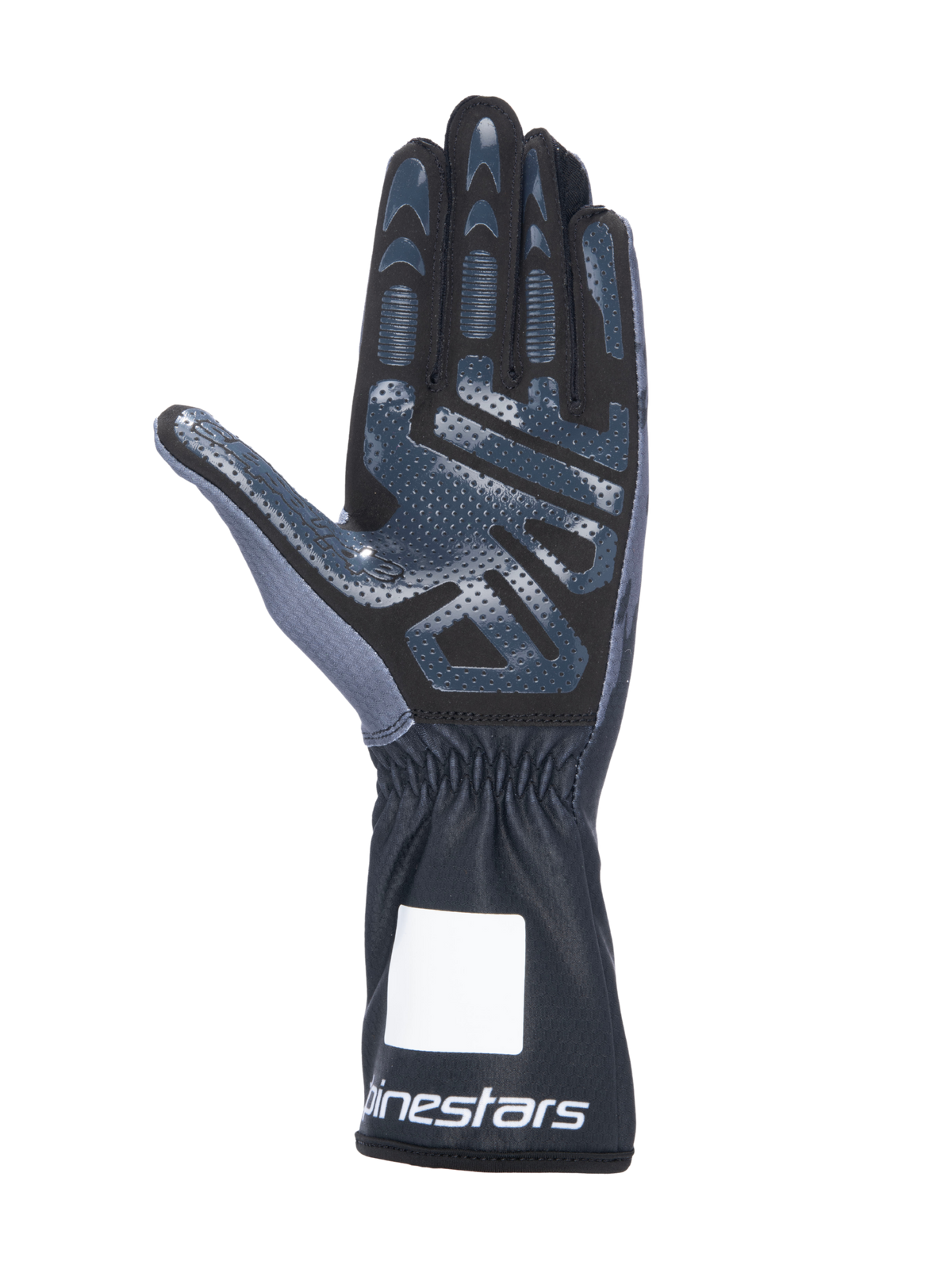 Alpinestars Tech-1 K V3 Karting-Handschuhe, Schwarz Anthrazit, Handflächenansicht mit griffigem Silikondruck, Handfläche aus synthetischem Wildleder, Stulpe mit elastischem Handgelenk und weißem Branding, professionelle Motorsportausrüstung