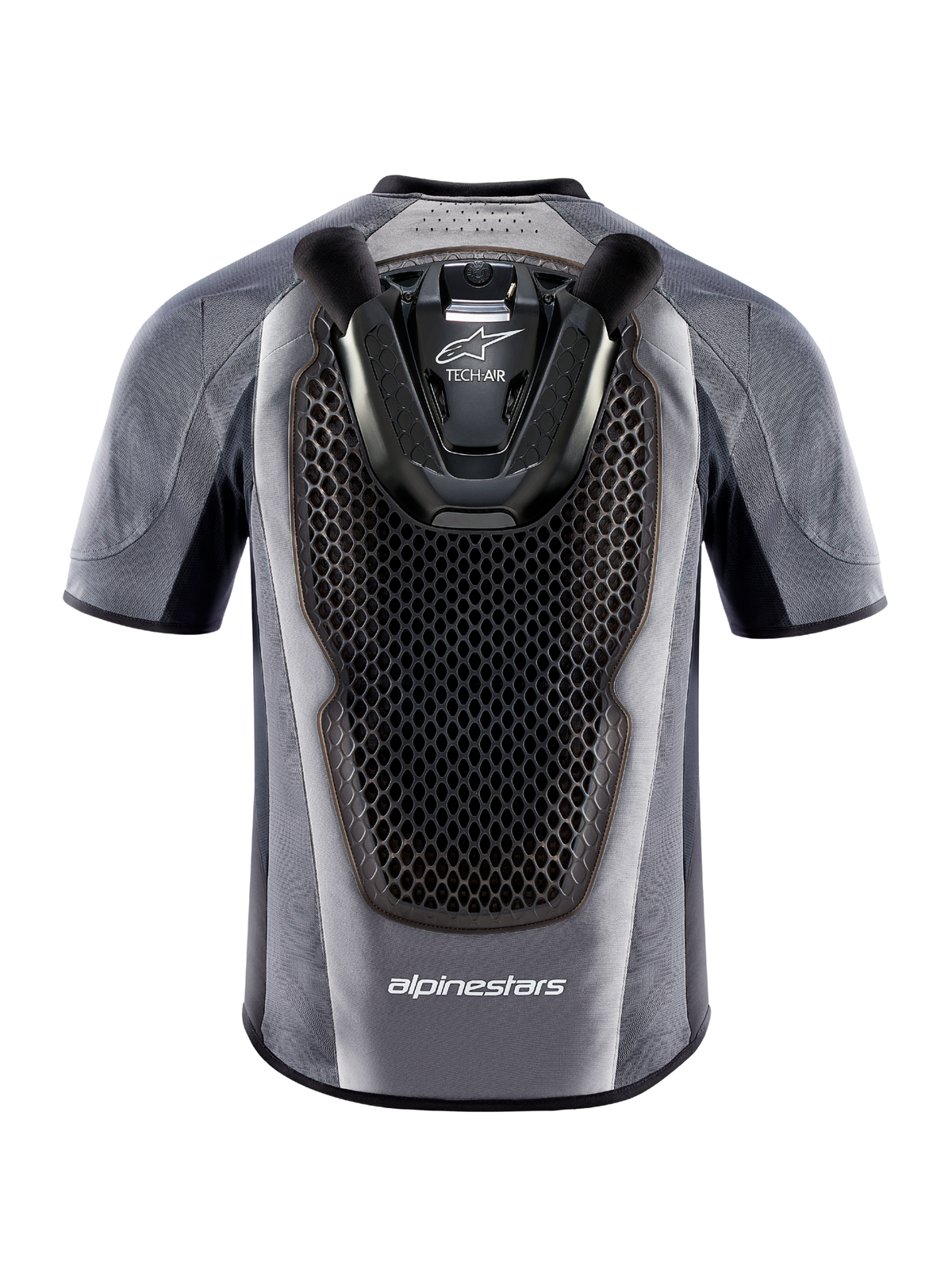 Tech-Air 5 Airbag-System, Rückansicht der Weste in Grau und Schwarz mit integriertem Waben-Rückenprotektor.