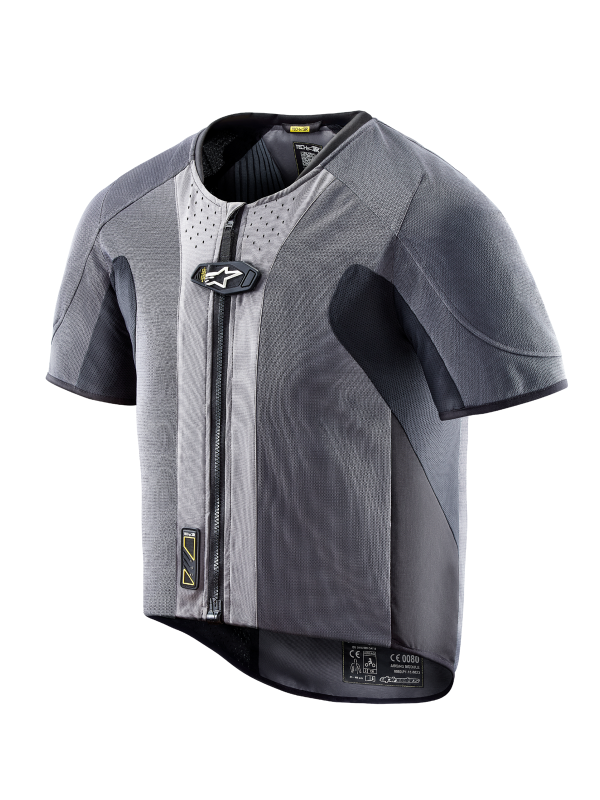 Alpinestars Tech-Air 5 Airbag-Weste, dunkelgraues Mesh, Kurzarm, Frontreißverschluss, autonomer Schutz beim Straßenfahren.