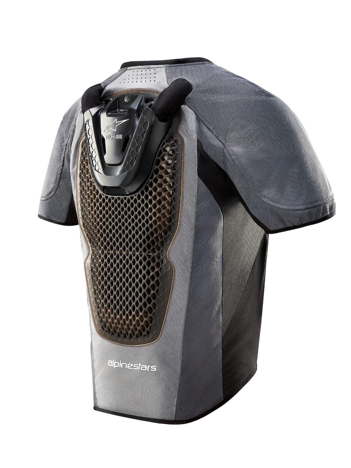 Tech-Air 5 Airbag-System in Dunkelgrau und Schwarz, Rückansicht mit großem Rückenprotektor in Wabenstruktur.