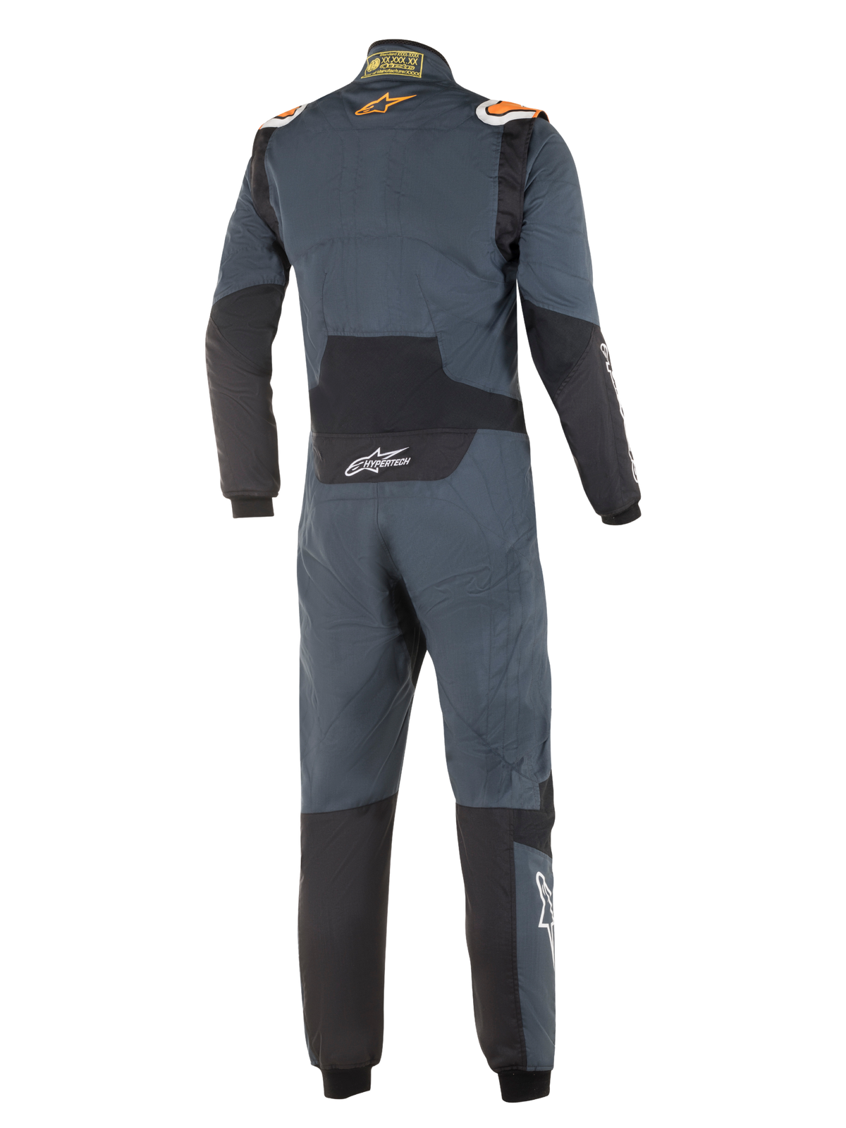 Alpinestars Hypertech Anzug, Professioneller Autorennanzug, Asphaltgrau und Neonorange, Rückansicht, schwarze Stretcheinsätze am unteren Rücken und an den Ellbogen, orangefarbene Alpinestars-Logos auf den Schultern, weißes Hypertech-Branding, stromlinienförmiges FIA-zertifiziertes Design.