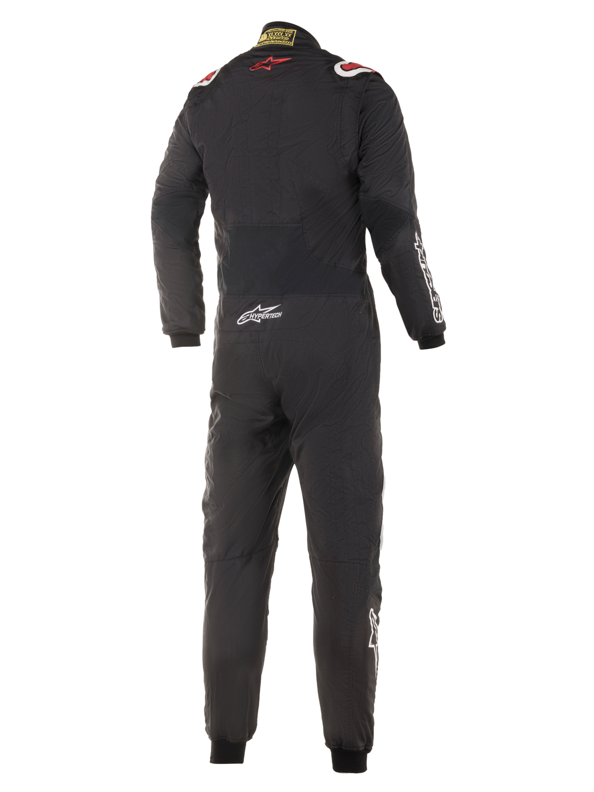 Alpinestars Hypertech Anzug, Automobil-Rennanzug, Schwarz mit roten und weißen Akzenten, Rückansicht mit rotem Stern-Logo am oberen Rücken, Hypertech-Branding am unteren Rücken, professionelles einteiliges Design für den Motorsport.
