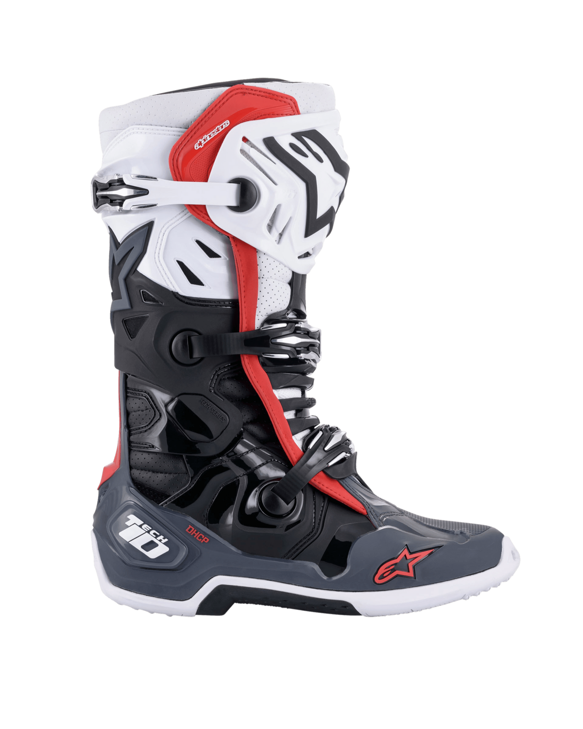 Alpinestars Tech 10 Supervented Boots, Motocross Racing Boots, Black White Mid Gray and Red, featuring a triple buckle closure system, ventilated TPU shell, and durable sole design with Alpinestars branding for off-road performance.