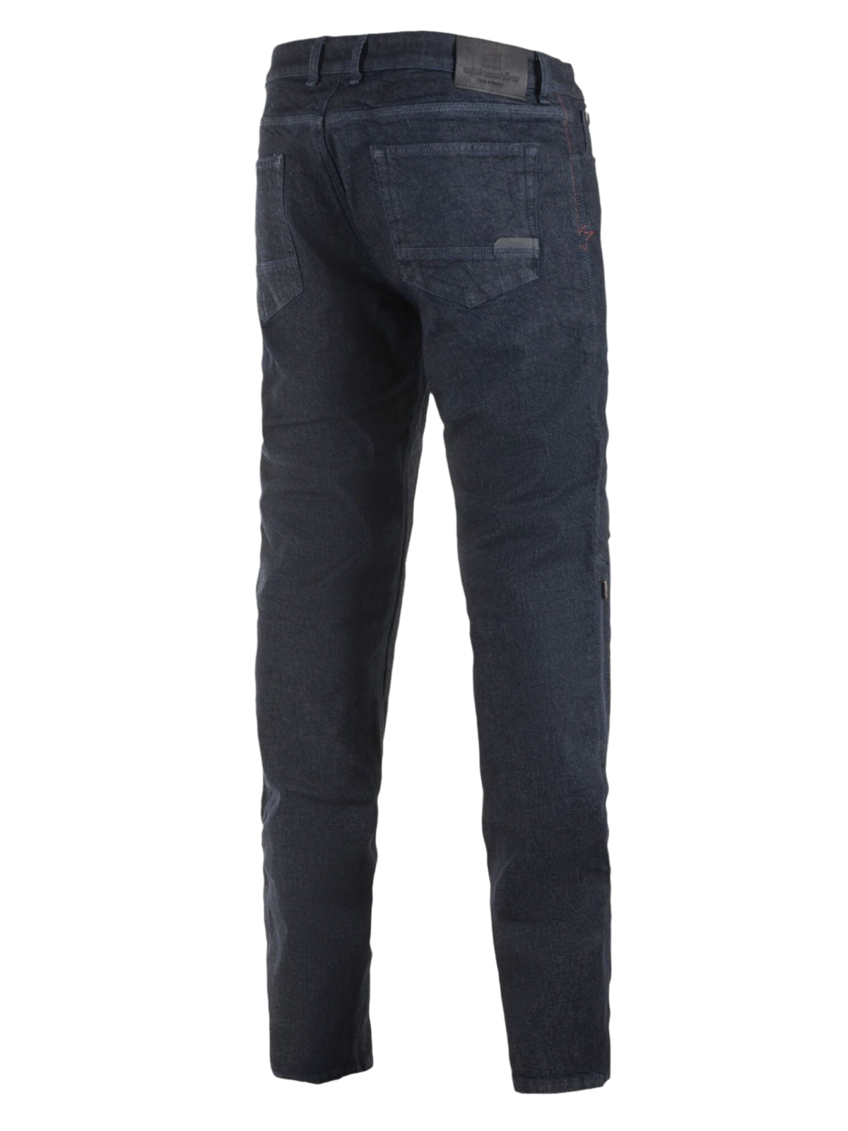 Alpinestars Copper Out V2 Riding Denim, Motorrad-Jeans, Rinse Plus Blau, Rückansicht zeigt Regular Straight Fit, Leder-Patch am Hosenbund, dunkler Denim für urbanes Fahren