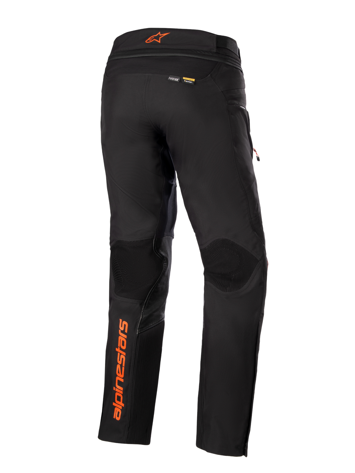 Alpinestars AMT-10R Drystar® XF Hose, Schwarz mit orangefarbenen Akzenten, Rückansicht mit vertikalem orangefarbenem Alpinestars-Logo am linken Bein, strukturierte Kniepaneele, Kevlar- und Matryx-Branding, technische Adventure-Touren-Motorradhose