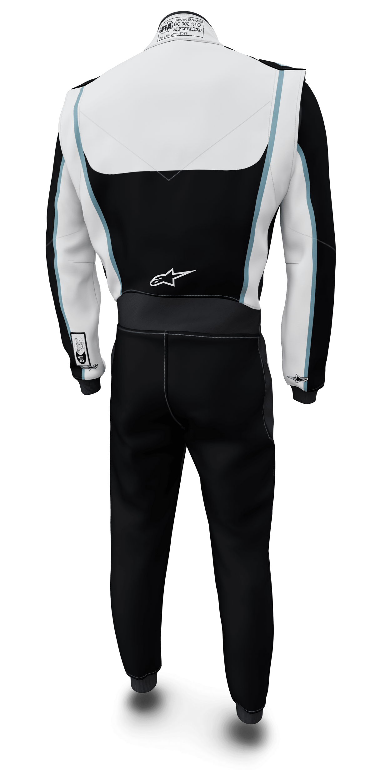 Alpinestars Tech Vision V3 Maßanzug Mit Angepasster Länge, Auto-Rennanzug, Rückansicht in Schwarz und Weiß mit blauen Akzenten, FIA/SFI-zertifiziertes Nomex.