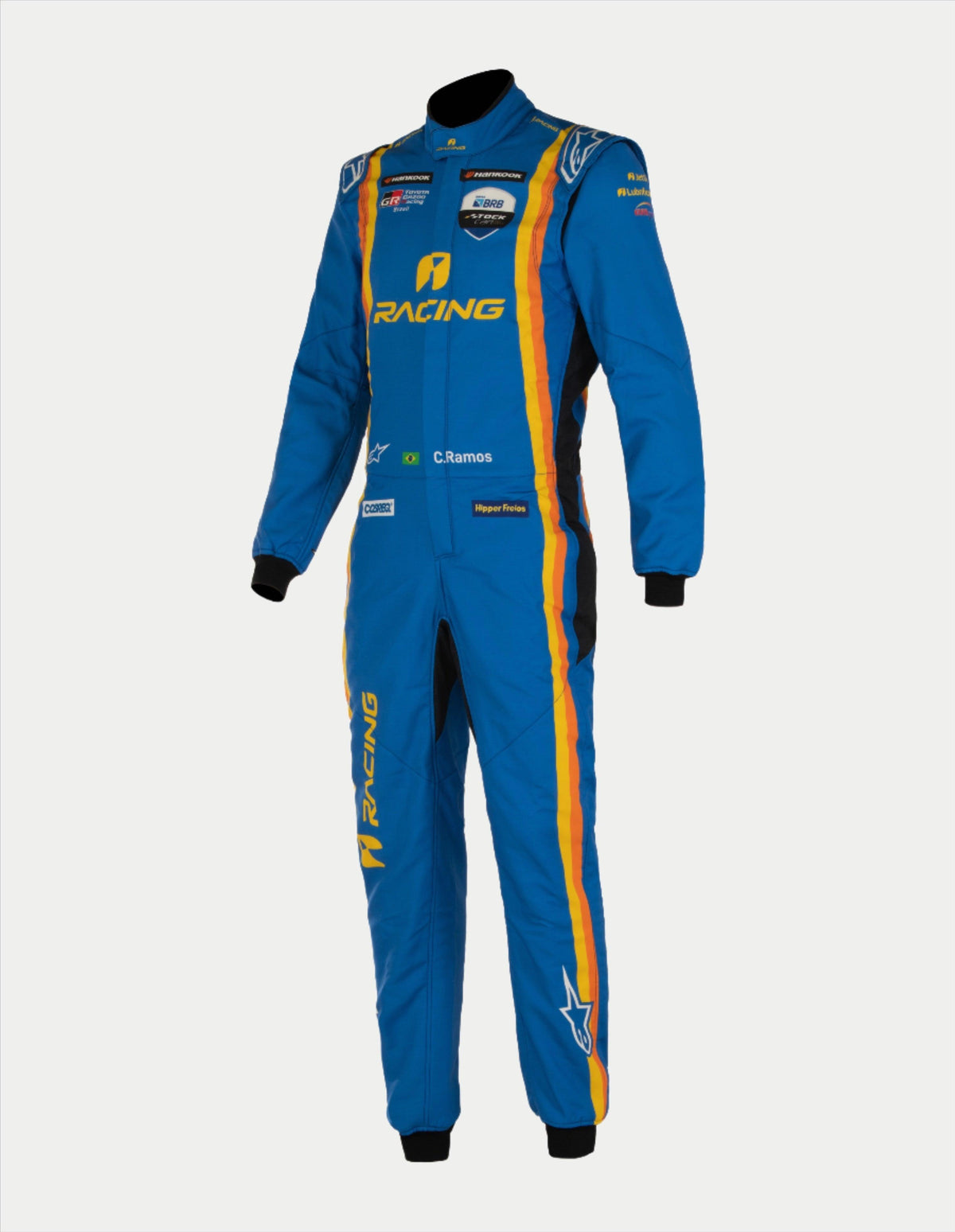 Alpinestars Tech Vision V3 Custom Suit, blue auto racing fire suit with yellow and orange stripes, FIA certified.