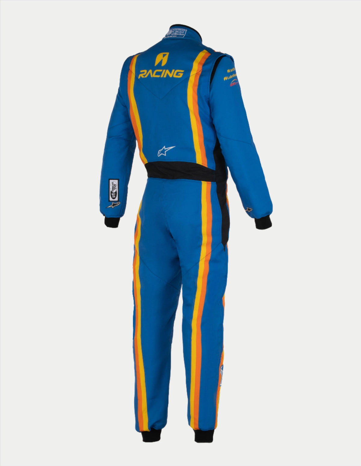 Alpinestars Tech Vision V3 Made To Measure Custom Suit, Auto Racing, Blue and Orange, FIA certified Nomex, Rear view.