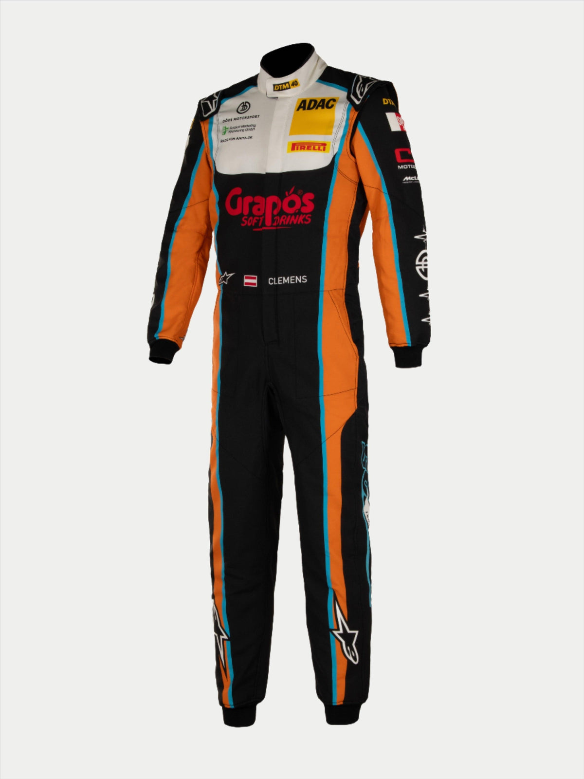 Alpinestars Tech Vision V3 Custom Auto Racing Suit, black and orange fire-retardant Nomex FIA certified gear.