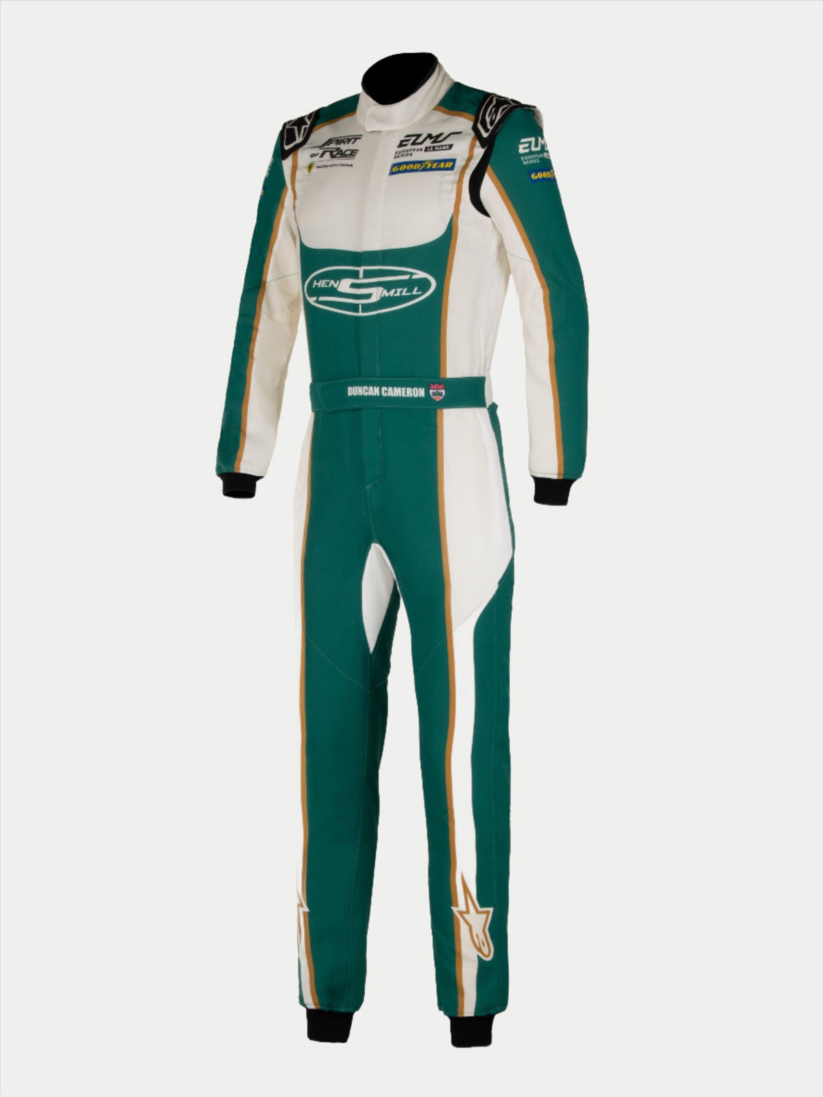 Alpinestars Tech Vision V3 Custom Auto Racing Suit, Green and White FIA-certified Nomex suit with gold accents.