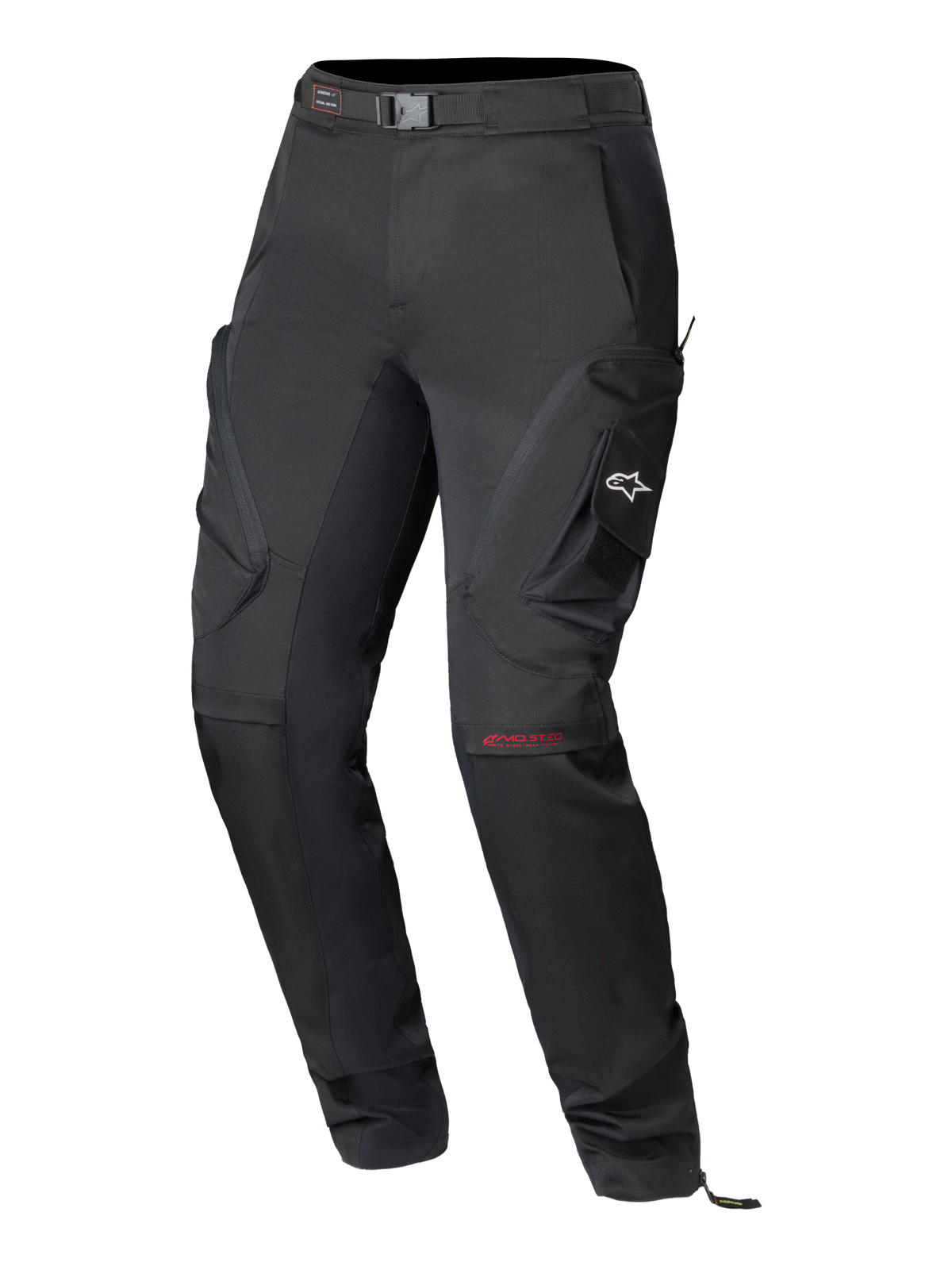 Alpinestars Actea Damenhose, schwarze Motorradhose, technisches Straßendesign mit seitlichen Cargotaschen, weißes A-Star-Logo, rotes MO.ST.EQ-Branding am Knie, integrierter Hüftgurt und moderne, schmal zulaufende Passform.